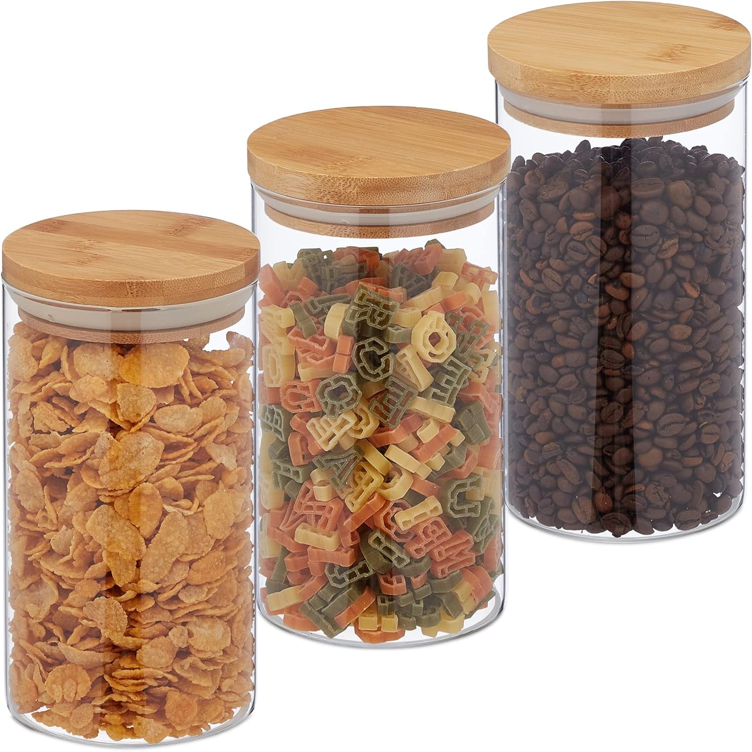 Relaxdays opbevaringskrukker med bambuslåg Sæt med 3 runde glaskrukker 1000ml Lækagesikre Klar/Naturlig 18x10cm Madopbevaringsbokse Naty Shop Transparent/Naturlig 1000Ml
