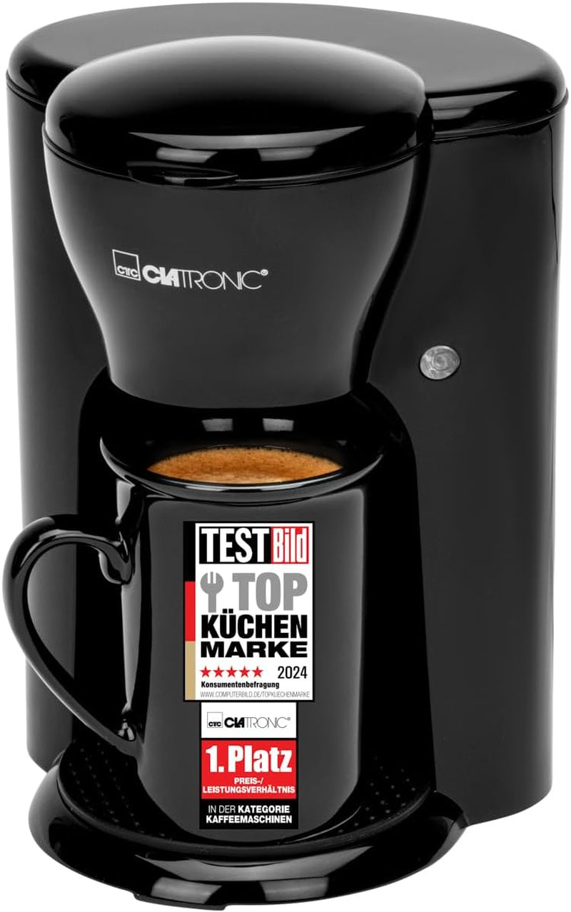 Clatronic® 1-kops kaffemaskine | Perfekt espressomaskine til enlige | Espressomaskine med filter, inklusive keramisk kop | Lille espressomaskine med filter, ideel til rejser | KA 3356