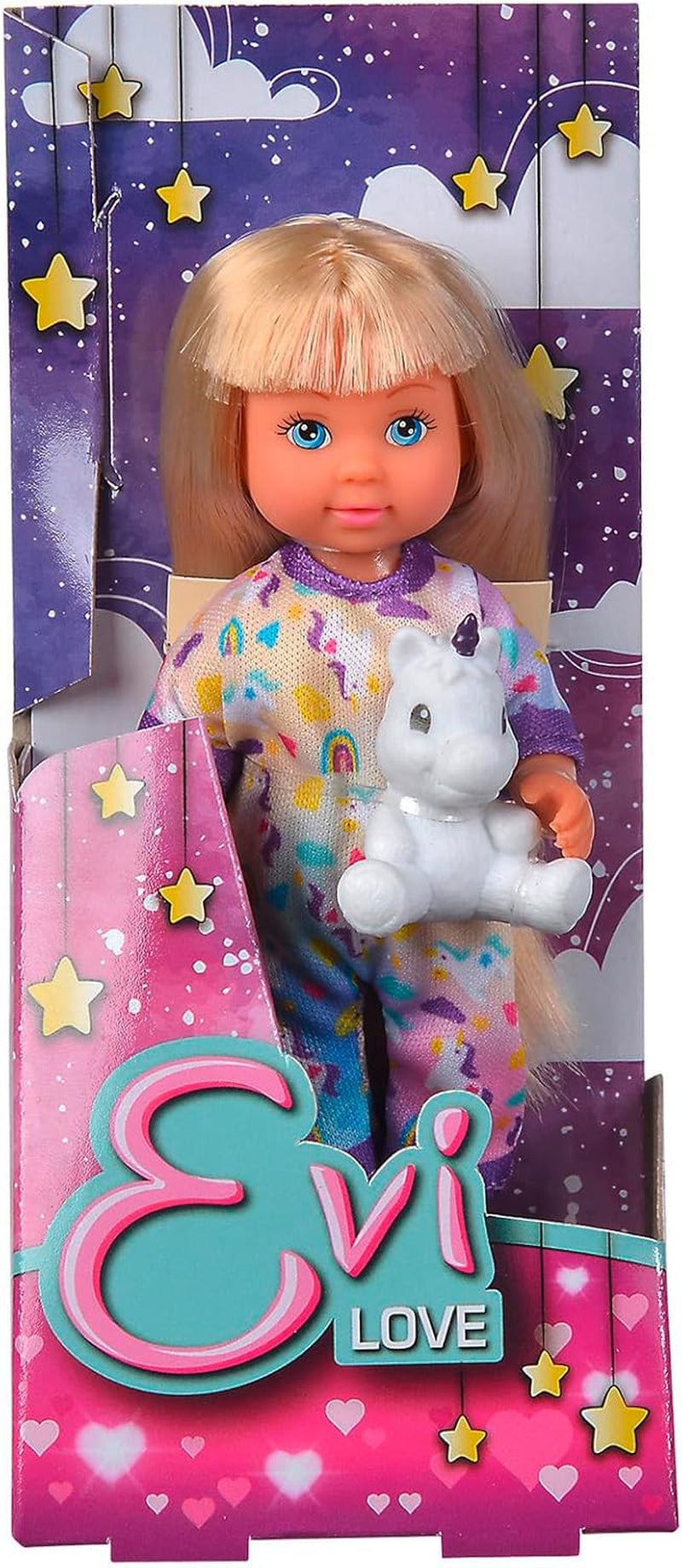 Simba Evi Love Pyjamas, 3 assorterede farver, kun én vare sendt, dukke i sød pyjamas med enhjørning plyslegetøj, legedukke 12 cm, alder 3+