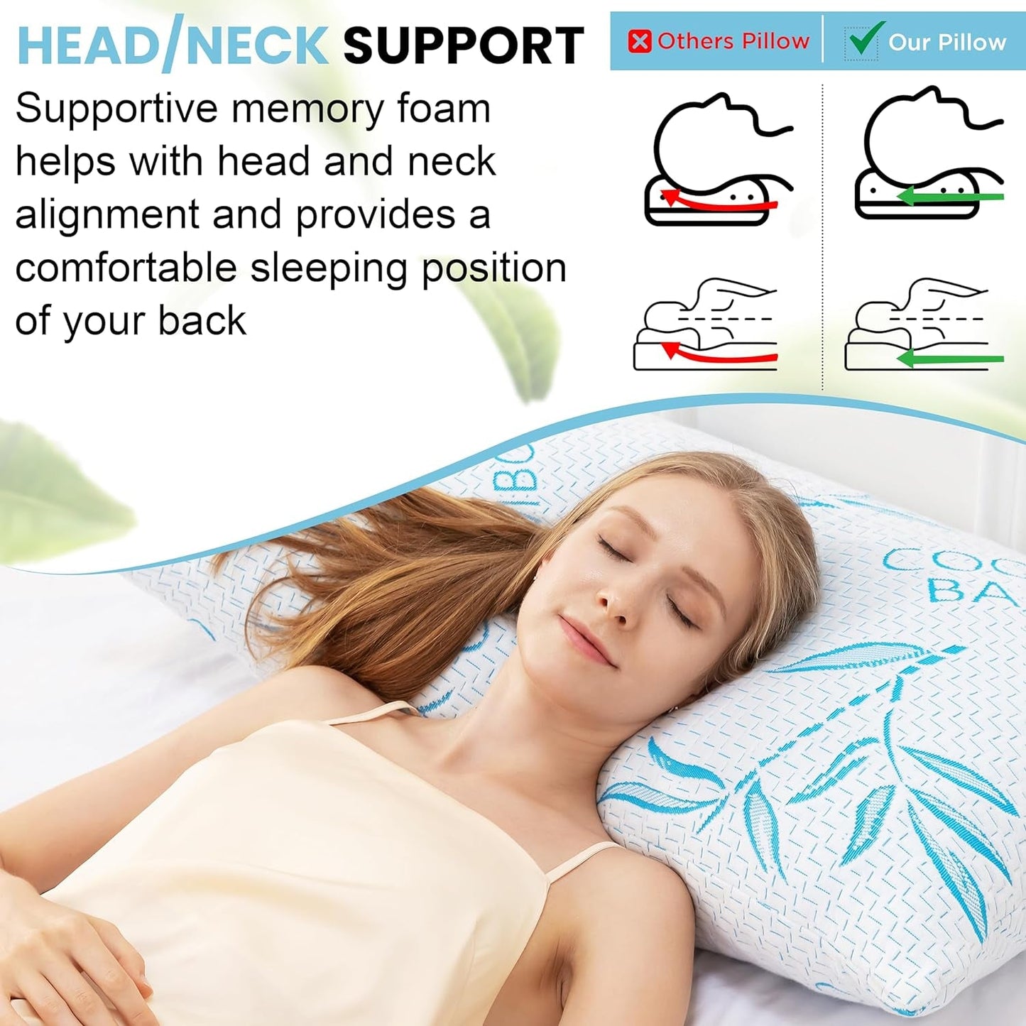 Comfysleep King Size Bamboo Viscose Pude Køling Strimlet Memory Foam Justerbar Bamboo Viscose Aftageligt/vaskbart betræk 2 stk Naty Shop Standard puder