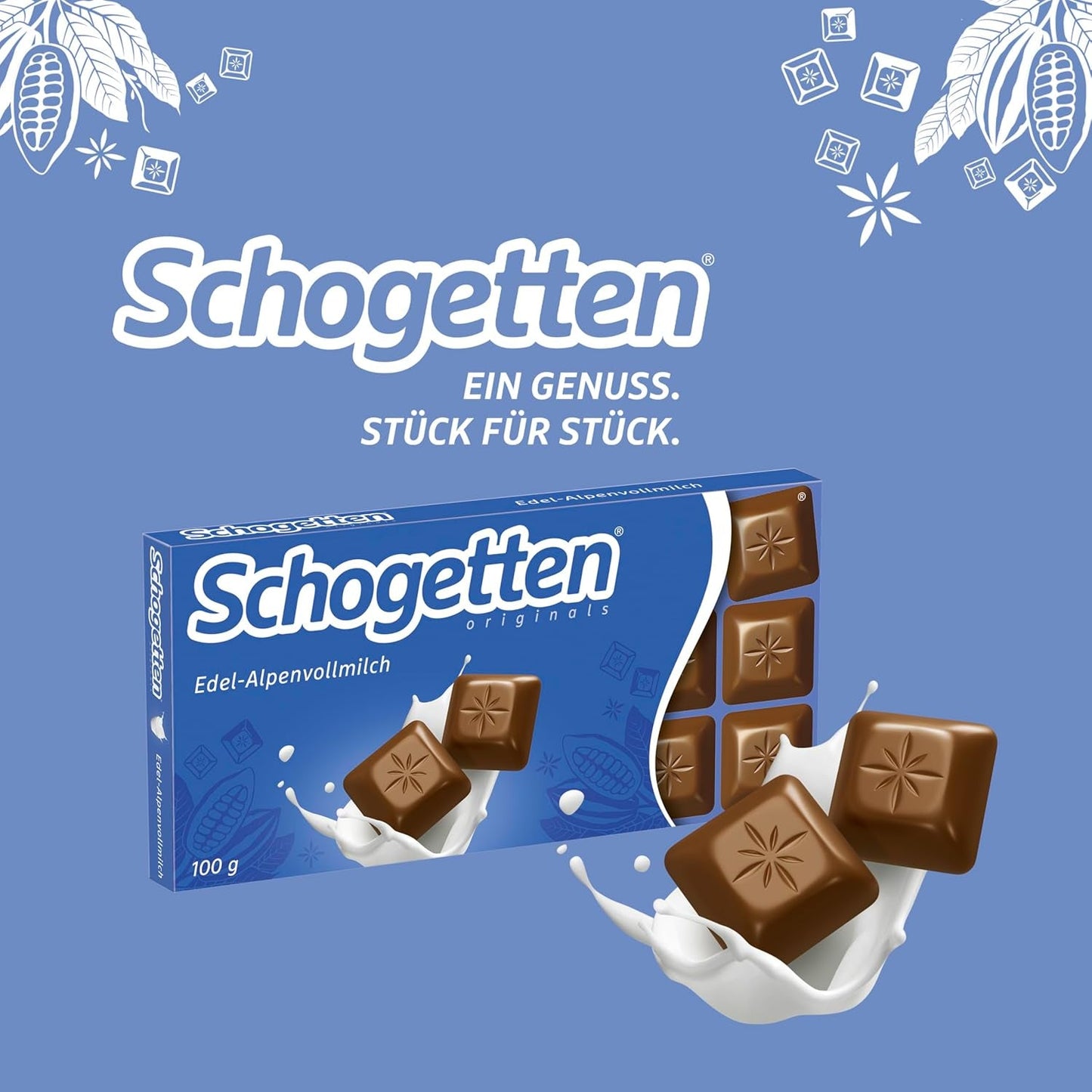 Schogetten Premium Alpine mælkechokoladebar, 100 g, portionsvis individuelt. En fryd. Stykke for stykke.