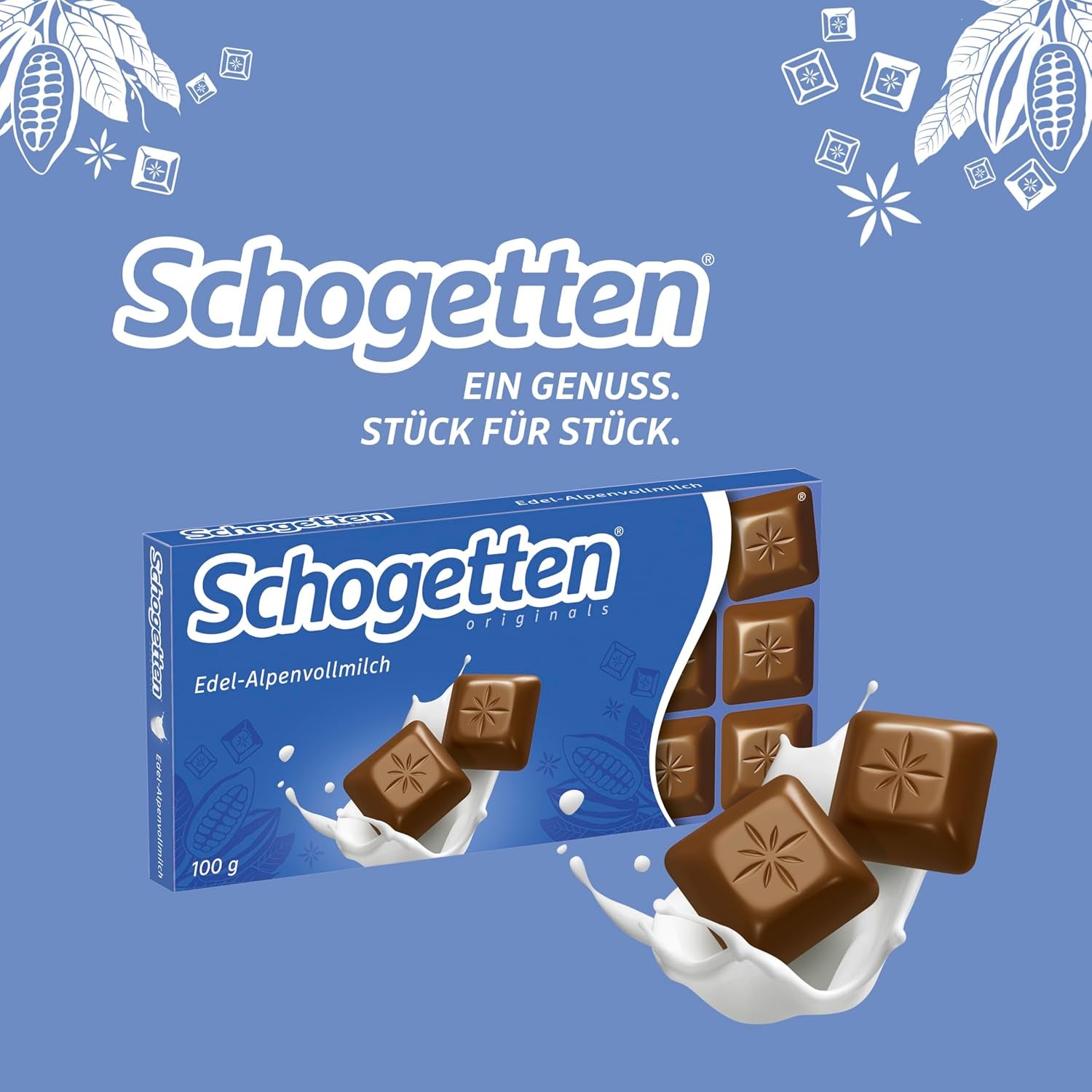 Schogetten Premium Alpine mælkechokoladebar, 100 g, portionsvis individuelt. En fryd. Stykke for stykke.