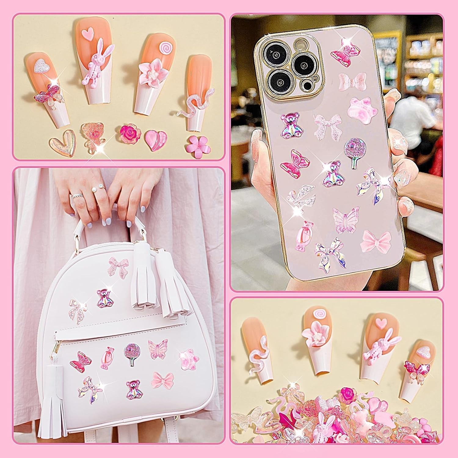 200 stykker Nail Art Charms 3D Nail Art Dekorationssæt Sløjfe Negle Pendant Pink Blandet Sløjfe Blomst Bamse Slikkepind Hjerteform Negle Art Dekoration DIY Craft Negle Design