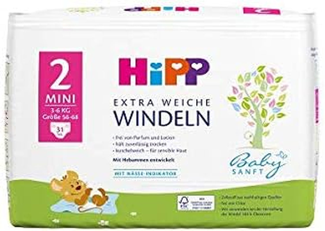 HiPP Babysanft mini bleer størrelse 2 i en 2 ugers pakke (124 bleer)