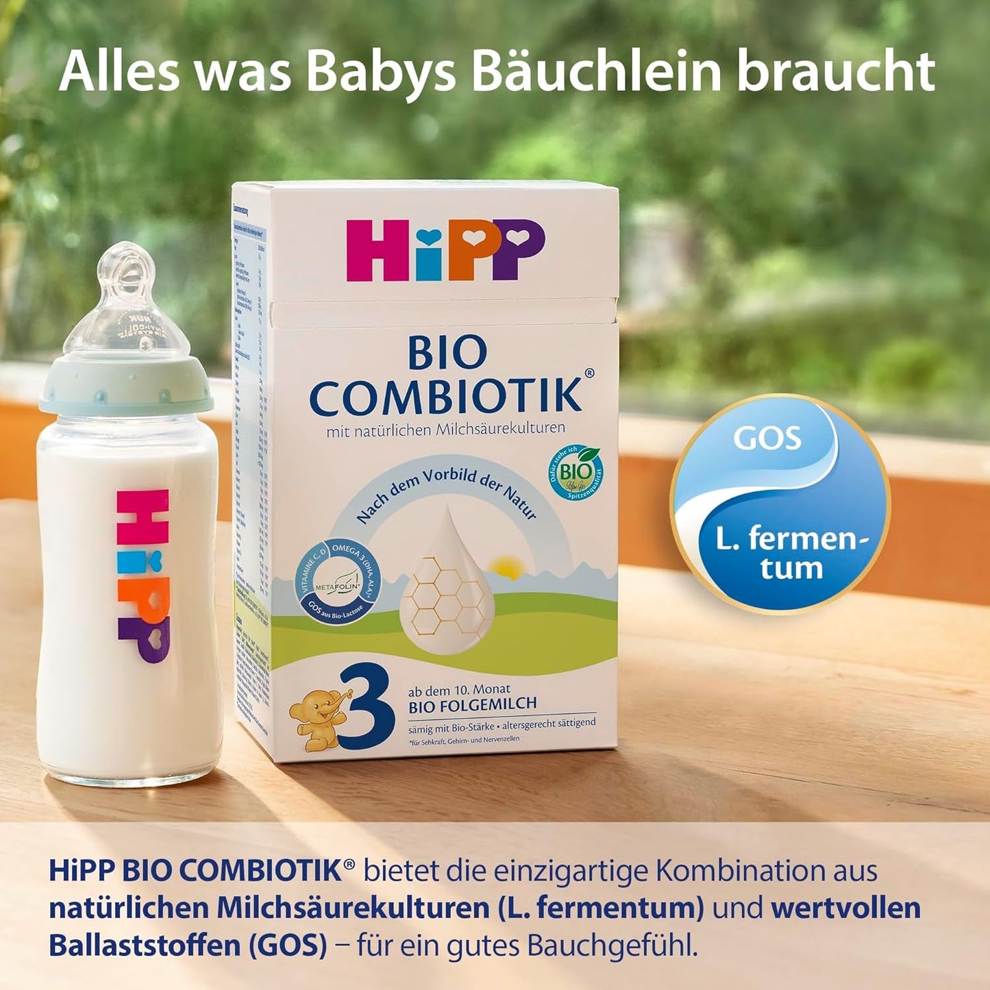HiPP 3 Økologisk Combiotik (4 x 600 g), tilskudsmælk fra 10 måneder, med naturlige kulturer af mælkesyre, vitamin C og D, GOS, Omega-3 (DHA, ALA), af bedste økologiske kvalitet