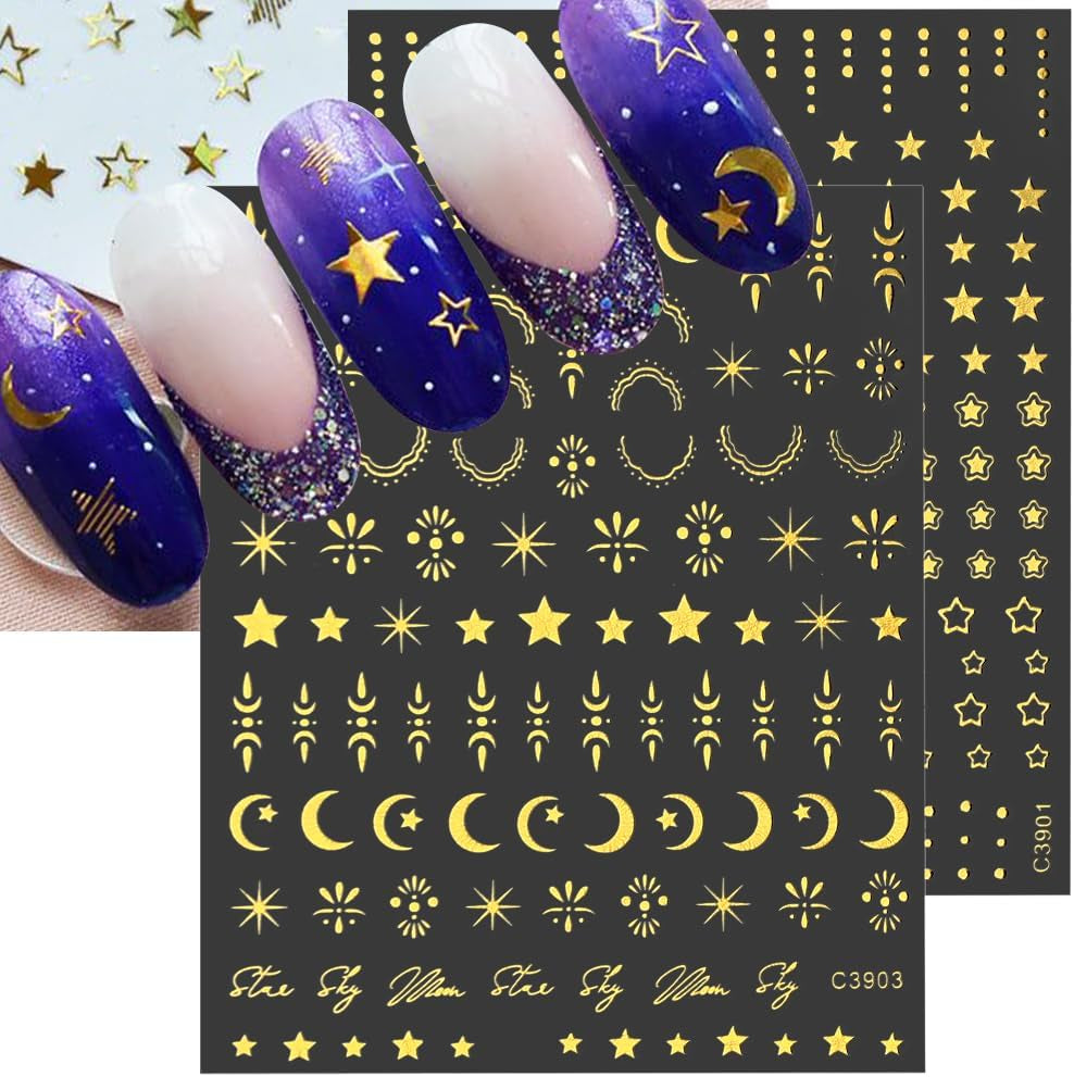 8 ark Guld Måne og Stjerner Nail Art Stickers Englevinger Tan Guld Nail Stickers Stjerner Negle Foils Selvklæbende negle Stickers Negle Design Tilbehør Negle Stickers