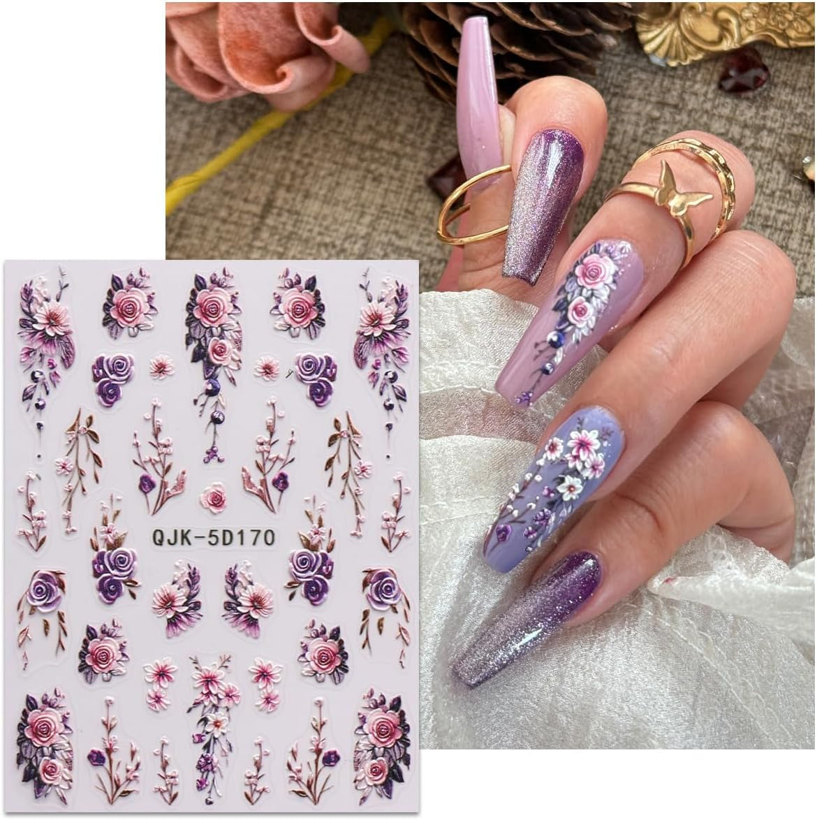 JMEOWIO 3D Nagelsticker Blumen Nail Art Sticker Selbstklebend Nagelaufkleber 5D Stereoskopisk Frühling Sommer Dekoration Nageldesign Zubehör 4 Blatt