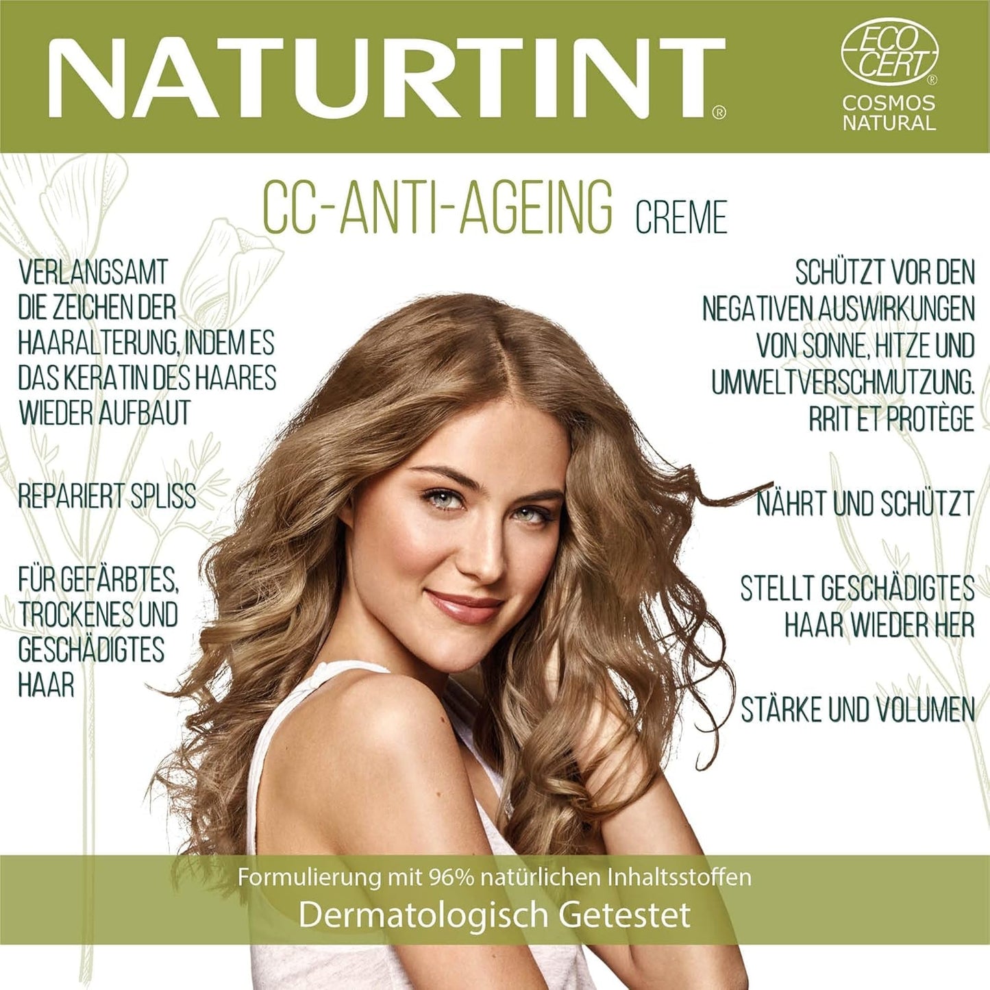 Naturlig farvetone CC Cream. Ingen skylle hårmaske. Til tørt og beskadiget hår. Reparerer og fugter. 96% naturlige ingredienser. 200 ml Naty Shop hårmaske