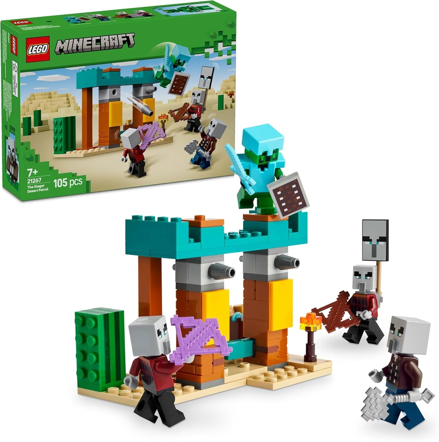 LEGO Minecraft The Illager Desert Patrol videospilsæt til børn, udpost minilegetøj og tre minifigurer inklusive plyndrer, tjener og kaktusridder 21267 byggesæt Besuche den LEGO-Store standardtitel