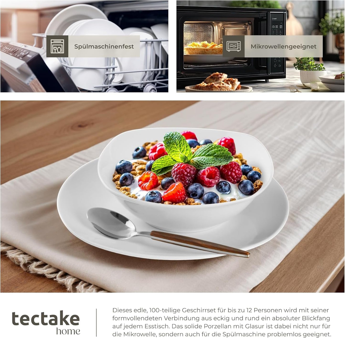 tectake® 12-personers spisestel, 100-delt porcelænsstel, inklusive 12 tallerkener, 12 desserttallerkener, 12 middagstallerkener, 12 kopper, 12 kornskåle, salatskål, mælkekande, sukkerskål