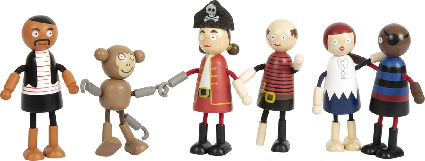 Små fods fleksible piratdukker i træ, 5 pirater og 1 abe, detaljerede og fleksible, 3+, 12412