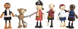 Små fods fleksible piratdukker i træ, 5 pirater og 1 abe, detaljerede og fleksible, 3+, 12412