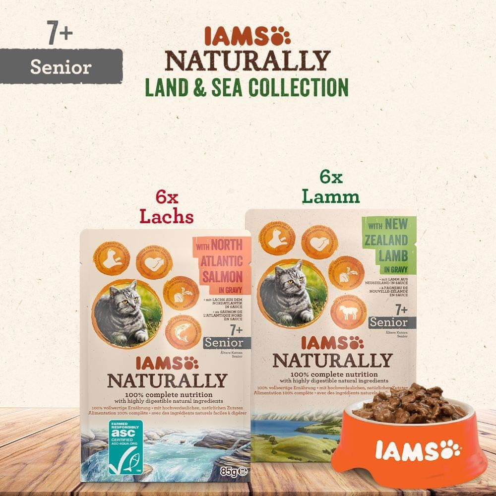 IAMS Naturally Senior Vådfoder i sauce - Højkvalitets kød- og fiskevådfoder til ældre katte, Land & Sea Collection, 12 x 85g