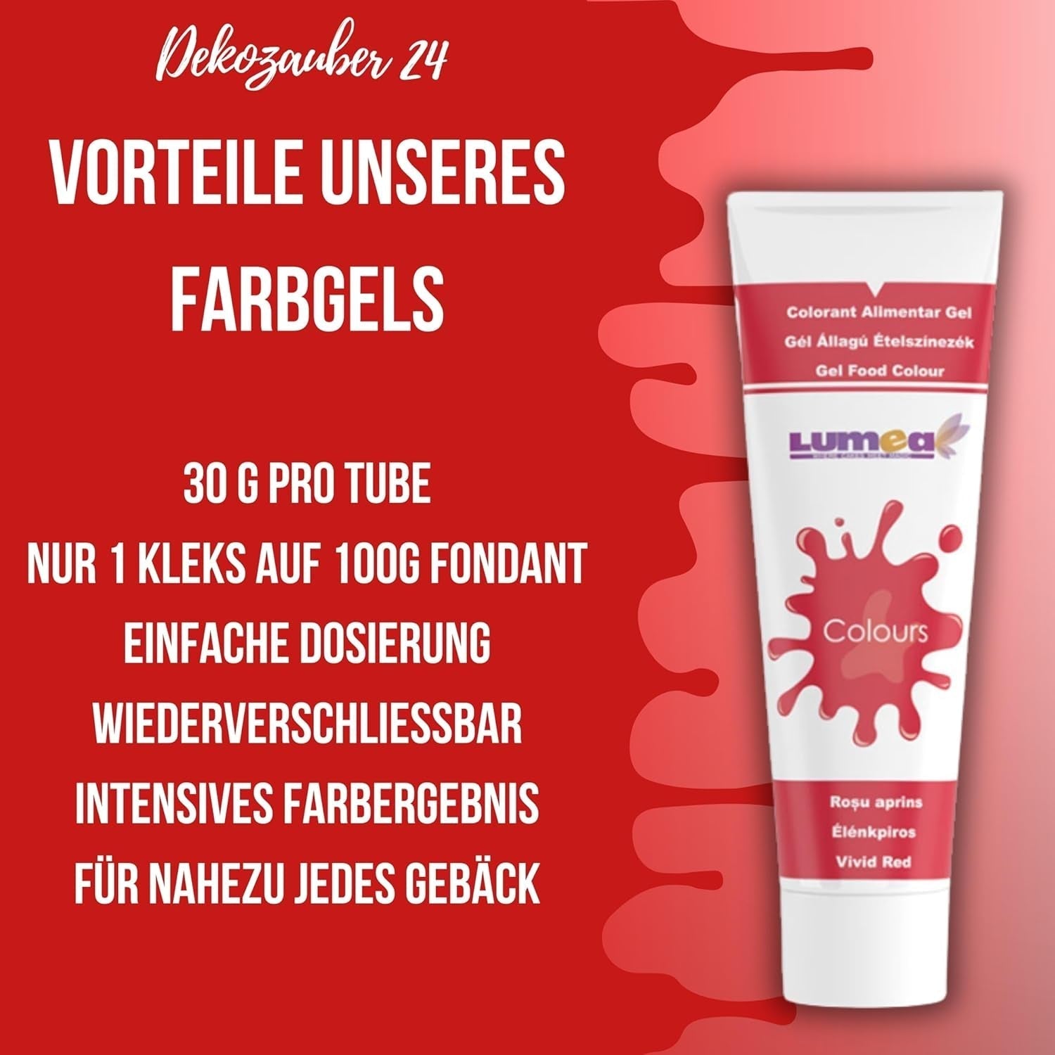 Dekozauber 24 rød madfarve, gel, 30 g, vegansk, sukkerfri, højkoncentreret, rød madfarve til fondant, smørcreme, drikkevarer og mere