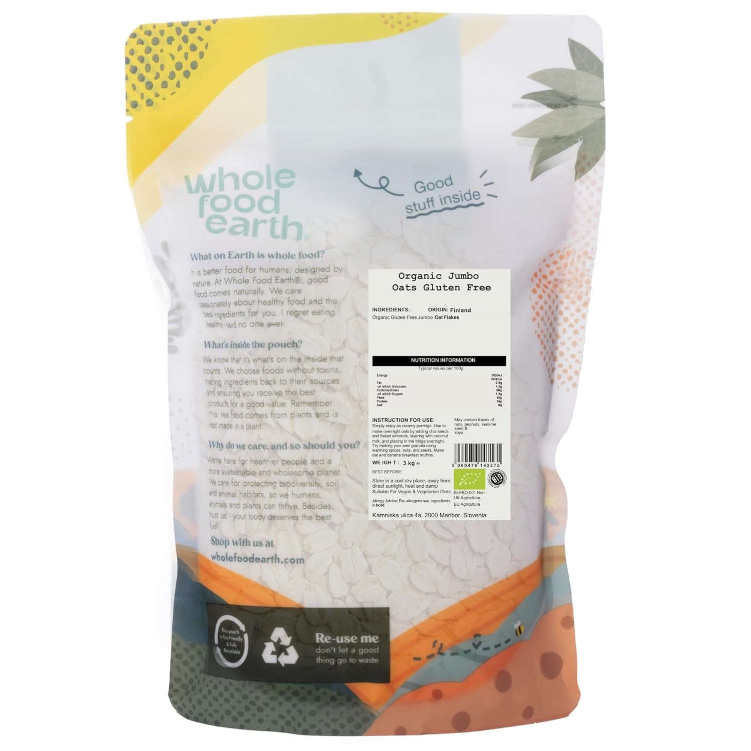 Wholefood Earth Økologisk Jumbo havregryn, glutenfri – 3 kg | Ikke-GMO | Vegansk | Rig på fibre | Certificeret økologisk
