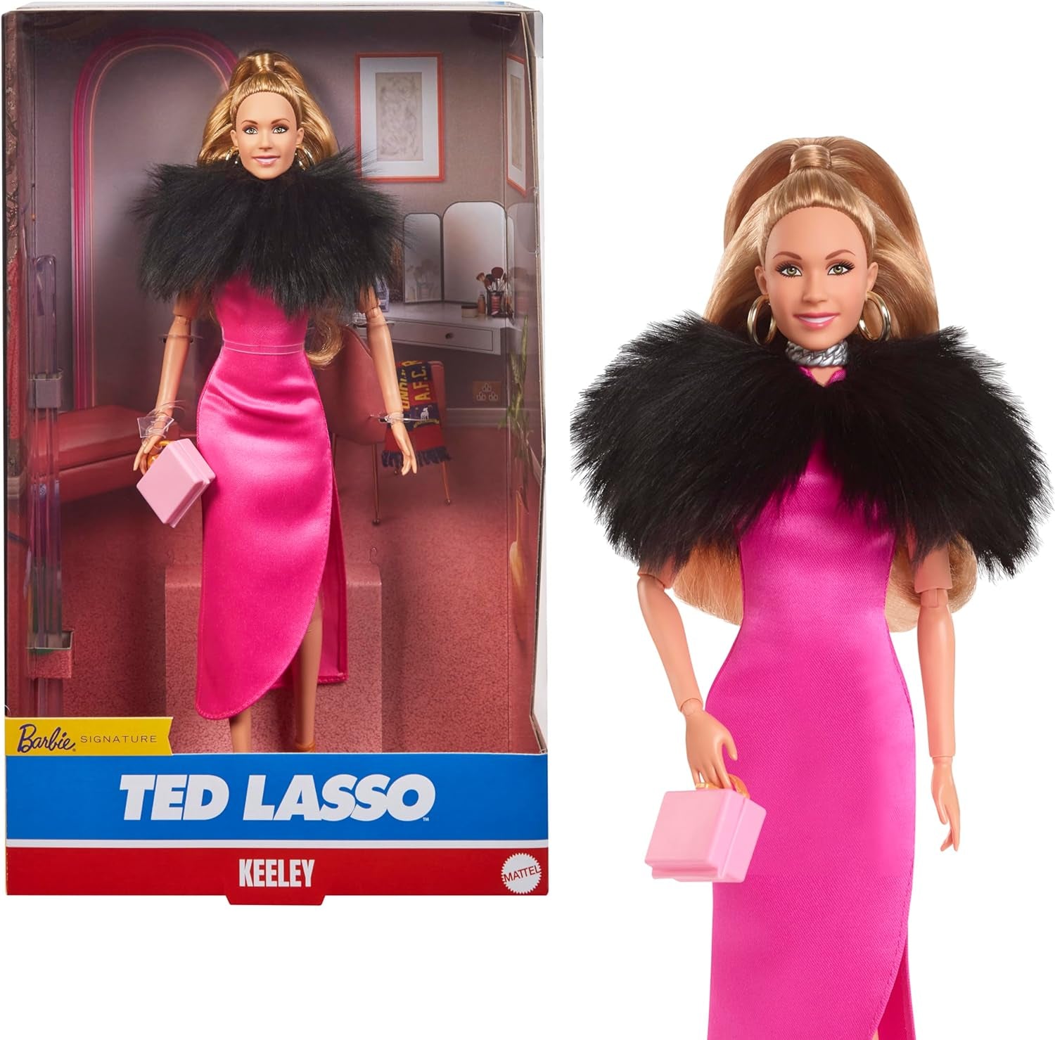 BARBIE Keeley Jones - Ted Lasso inspireret samlerdukke, Hot Pink Silk Midi-kjole, Guld høje hæle, Black Cape, Gold Hoop Øreringe, Pink Taske, For Ages 3+, HJW92