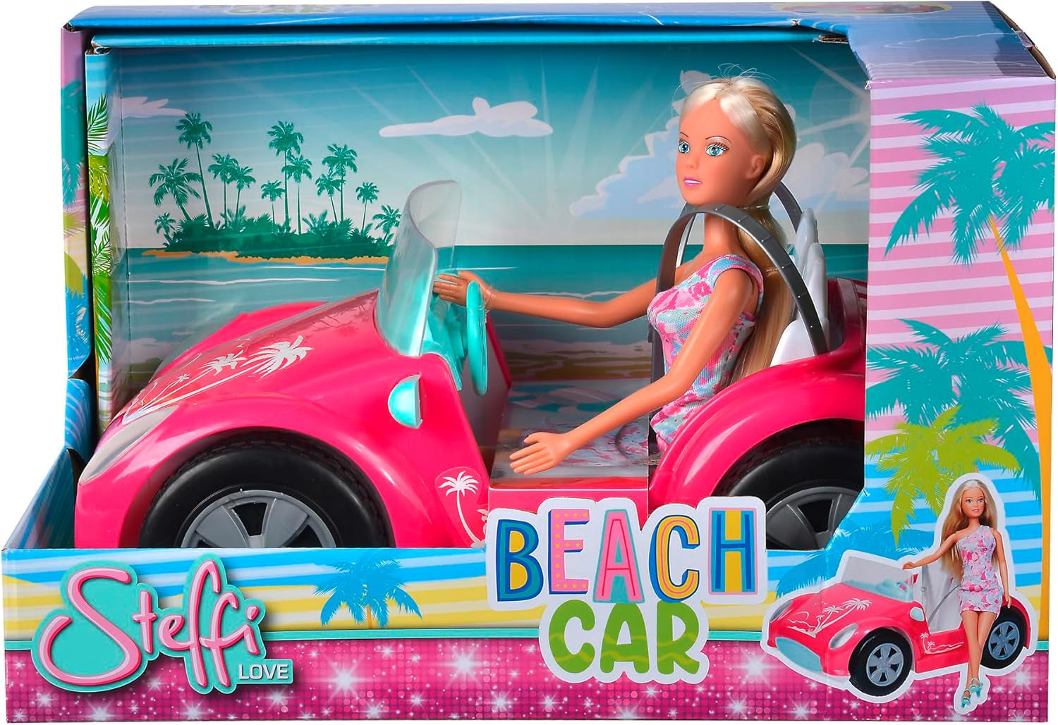 Simba Steffi Love Beach Car Doll i cool sommeroutfit med strandklapvogn 29 cm Alders 3+