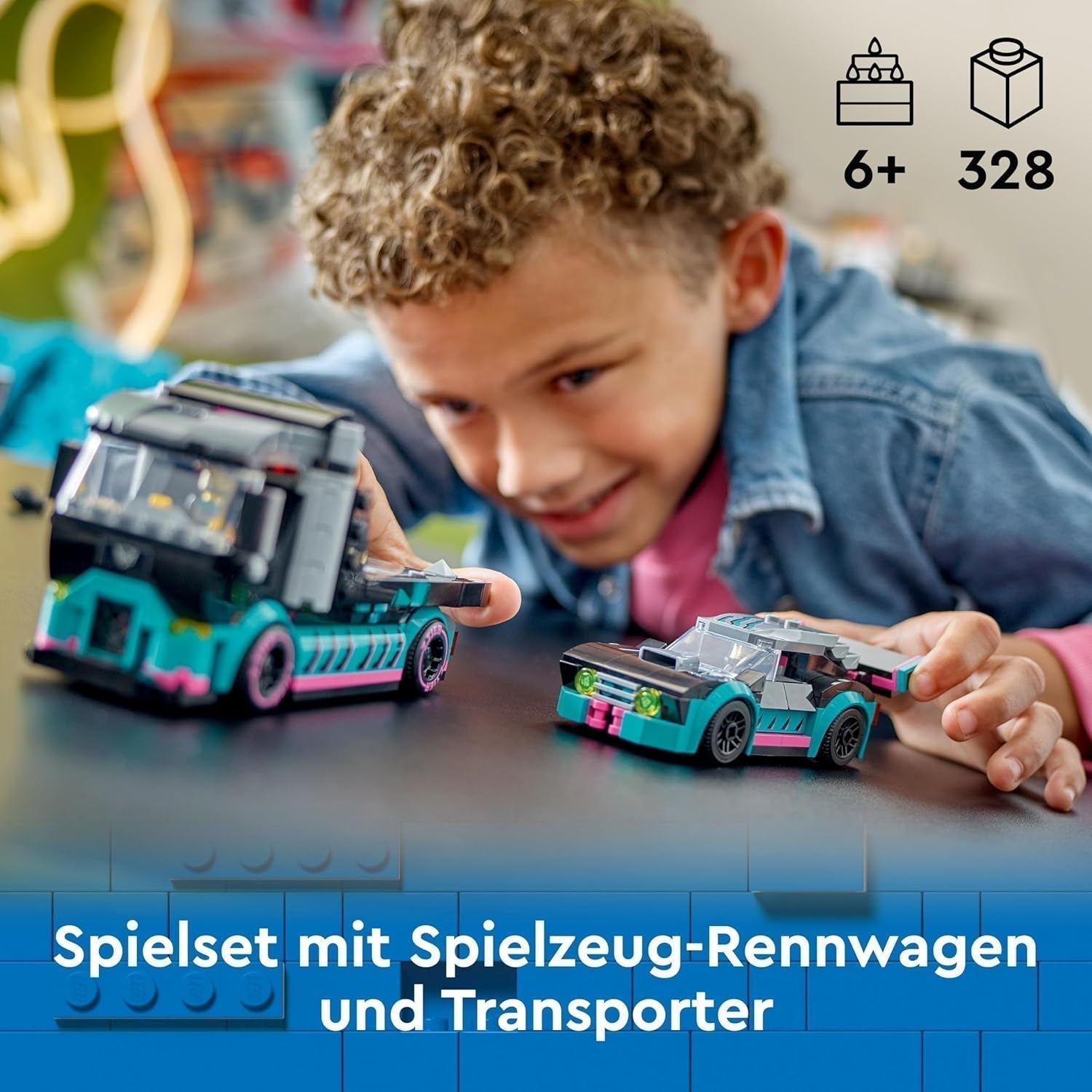 LEGO City Car Transporter med racerbil, legetøjslastbil med justerbar læsserampe og racerbil, byggesæt med 2 minifigurer, racerkører og lastbilchauffør, til børn fra 6 år 60406 Byggesæt Besuche den LEGO-Store