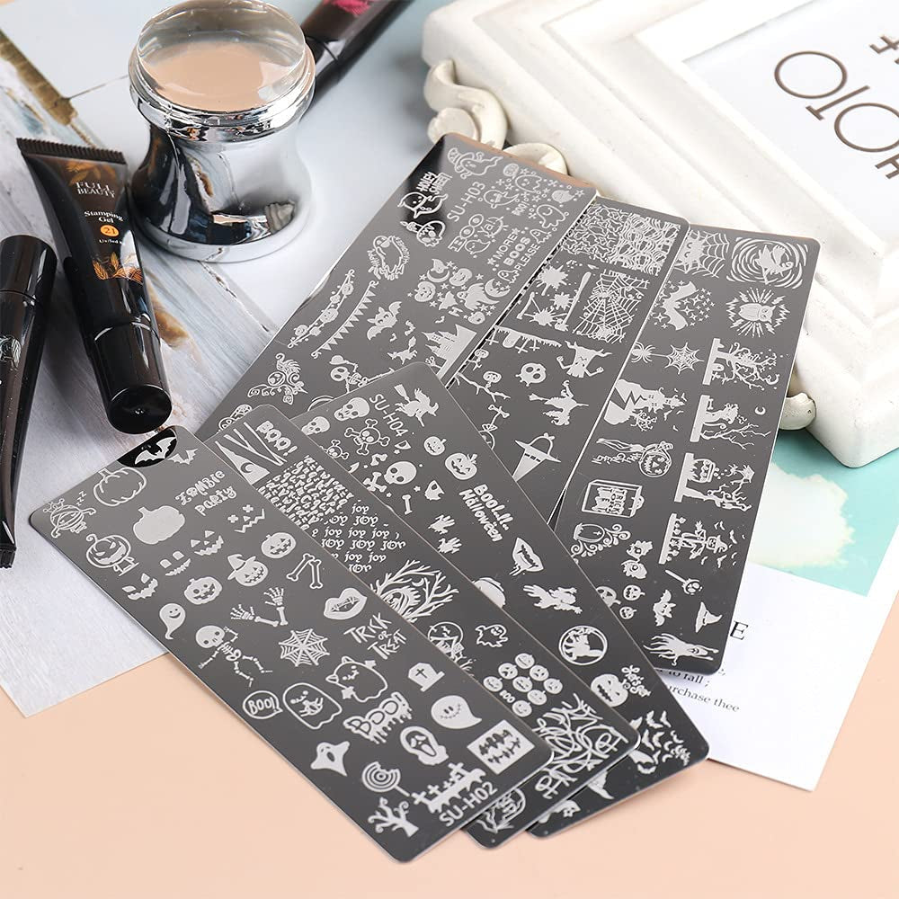JMEOWIO Nail Stamping Stencils Halloween 6 Stück Nagelstempel Stencils Nail Art Dekoration Nageldesign Tilbehør Böse Gruselige Kürbis-Geisterhexe