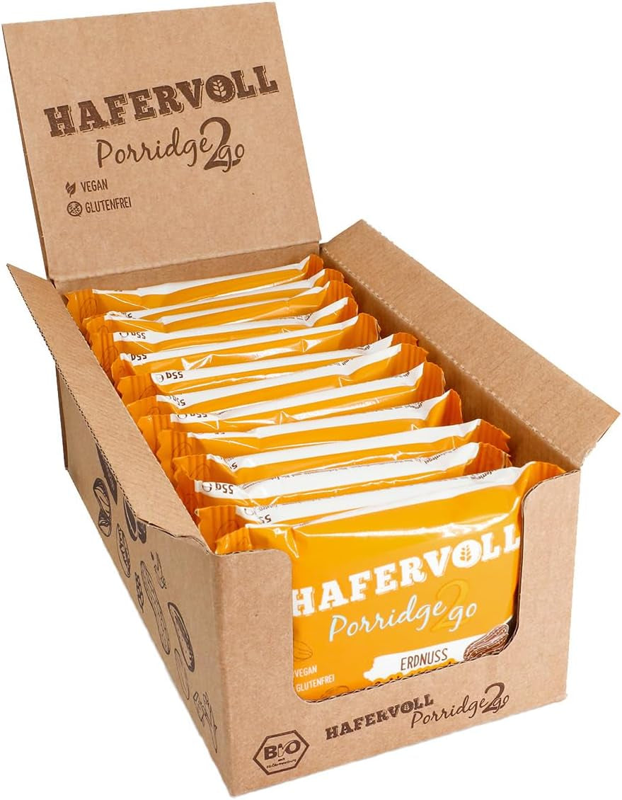 Hafervoll Porridge2go jordnøddesmør og nødder, 13 barer x 55 g - vegansk, økologisk, glutenfri, uden tilsat sukker snack, med havre, dadler og quinoaslik