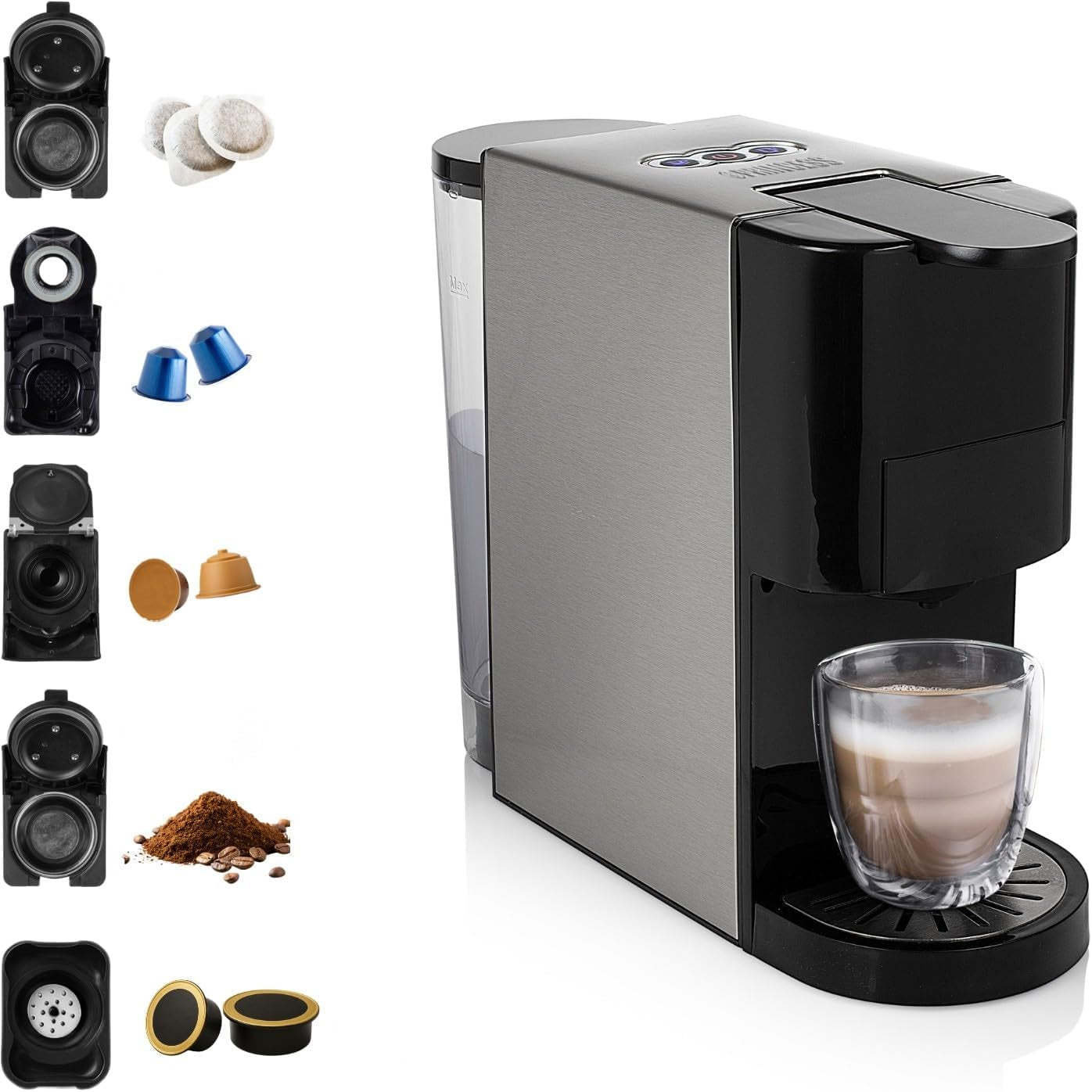 Princess 5 i 1 multikapsel espressomaskine - kompatibel med Nespresso, Dolce Gusto, Lavazza a Modo Mio og ESE puder, 0,8L kapacitet, 1450W, sølv, sort
