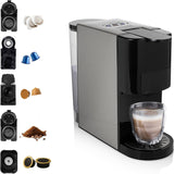 Princess 5 i 1 multikapsel espressomaskine - kompatibel med Nespresso, Dolce Gusto, Lavazza a Modo Mio og ESE puder, 0,8L kapacitet, 1450W, sølv, sort