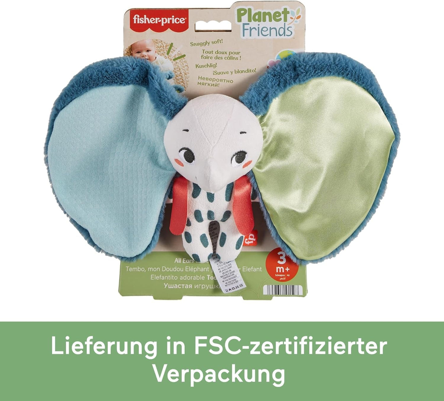 Fisher-Price Giant Ear Elephant - Yndigt blødt plyslegetøj med ekstra store ører, lavet af 90 % genbrugsplast og FSC-certificeret emballage, til babyer fra 3 måneder og opefter, HKD63 Bebe Toys Naty Shop