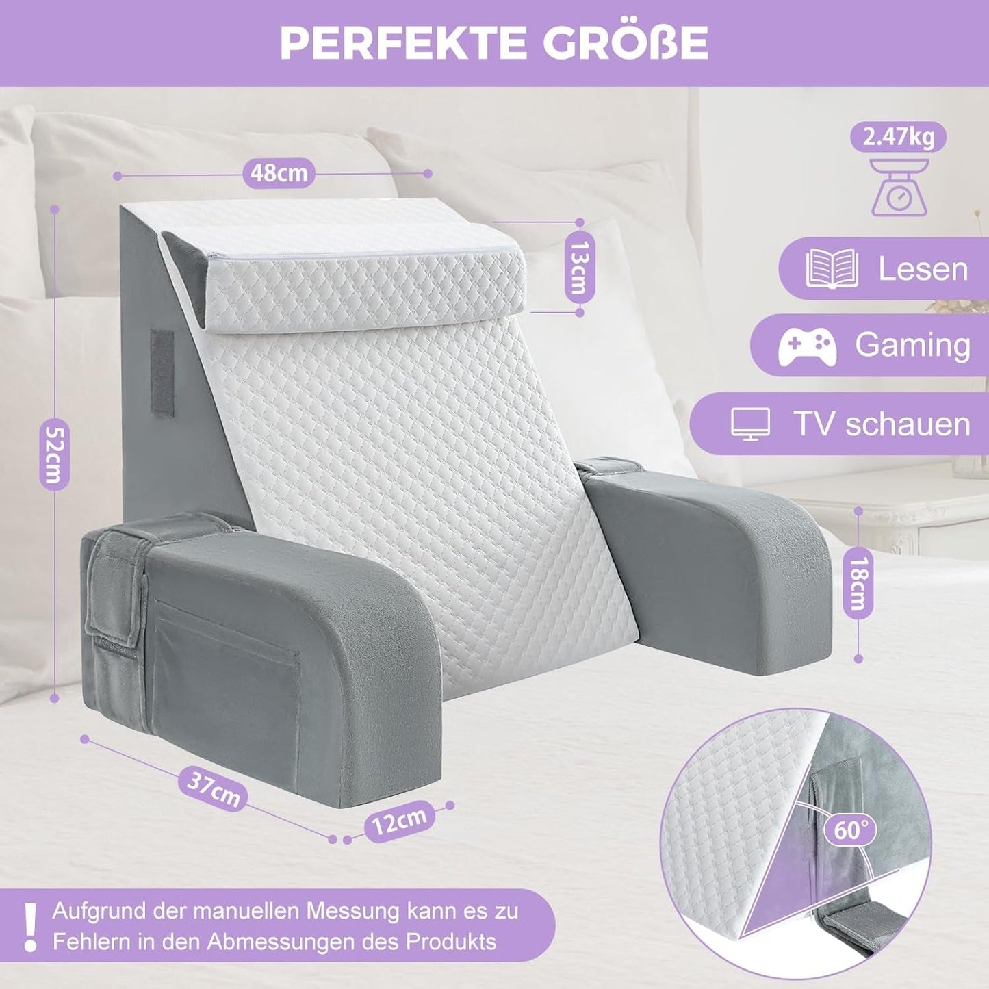 Stor læsepude med håndtag, skum med høj densitet, ergonomisk rygpude, armlæn, nakkestøtte og nakkestøtte, tilbagelænet sædepude til at sove, lege, se tv, til seng og sofa