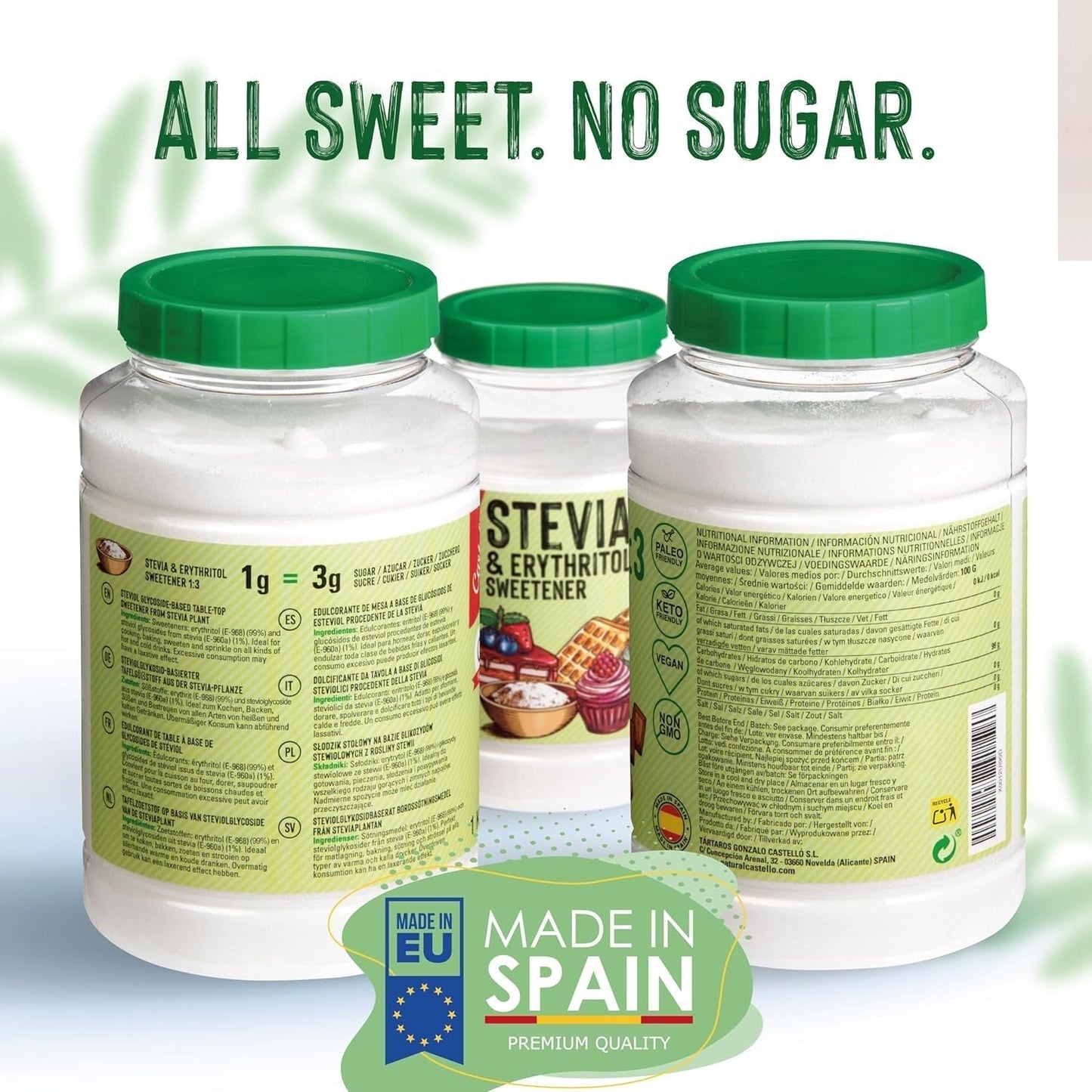 Stevia + Erythritol 1:3 Süßstoff | 1G = 3G Zucker | 100% Natürlicher Zuckerersatz - 0 Kalorien - 0 Glykämischer Index - Keto Und Paleo - 0 Netto-Kohlenhydrat - Kein GVO - Castello siden 1907-1 Kg Sødemidler Naty Shop