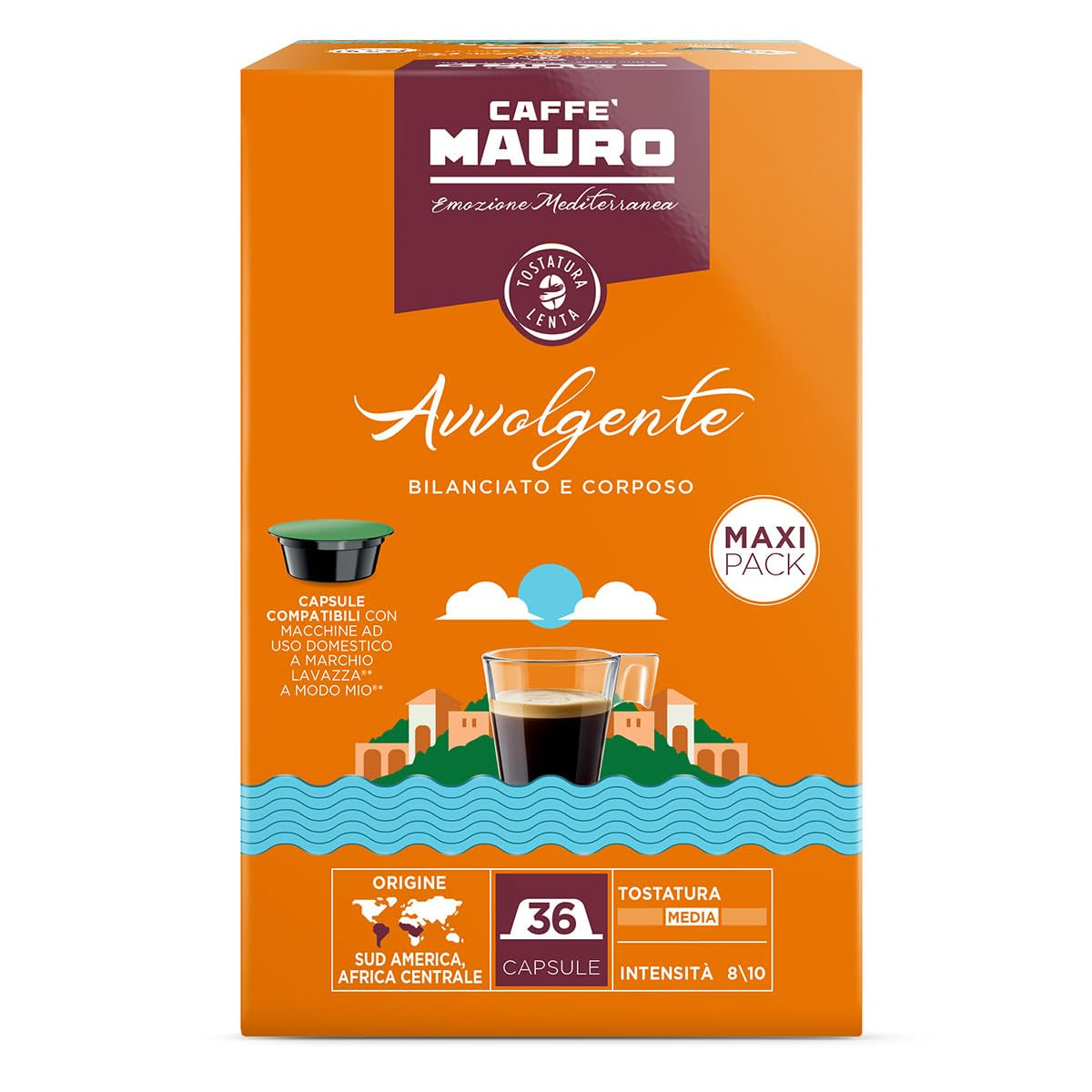 Caffè Mauro Torrefazione Kaffeekapseln Espresso Avvolgente, Intensität 8/10-144 Kapsel Kompatibel med Kaffeemaschinen der Marke Lavazza* A Modo Mio*, 144 Stück, Hergestellt in Italien
