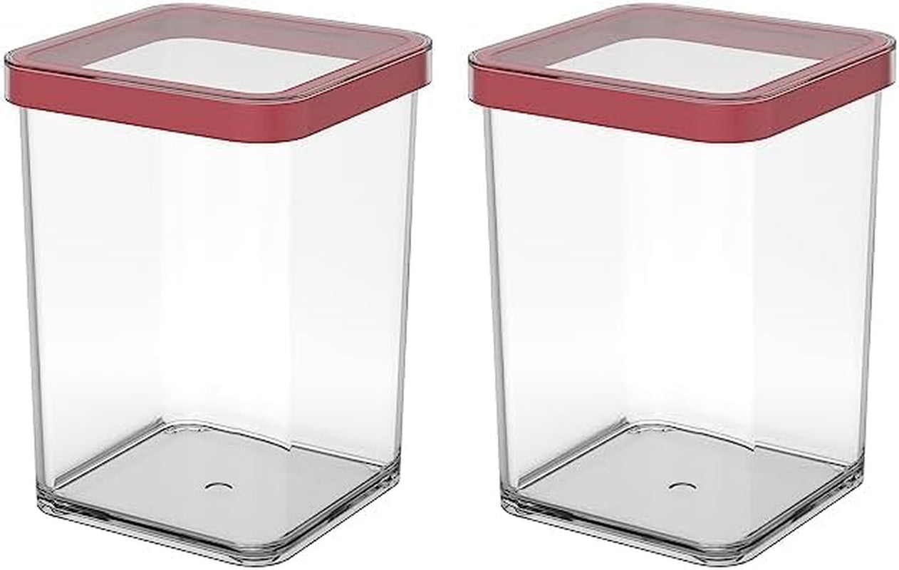 Rotho Loftsæt med 5 opbevaringskrukker med låg, forskellige størrelser, BPA-fri fødevaregodkendt plast (PP) Klar/rød, (21,4 x 21,4 x 23,5 cm) Naty Shop-madopbevaringsbokse 1 liter kvadratisk (pakke med 2)