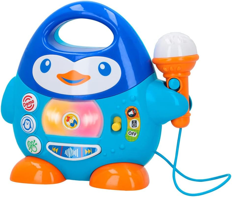WinFun karaoke musikafspiller, pingvindesign, med blinkende lys og ekkoeffekter, i blå, legende stil, USB-tilslutning Baby Toys Naty Shop