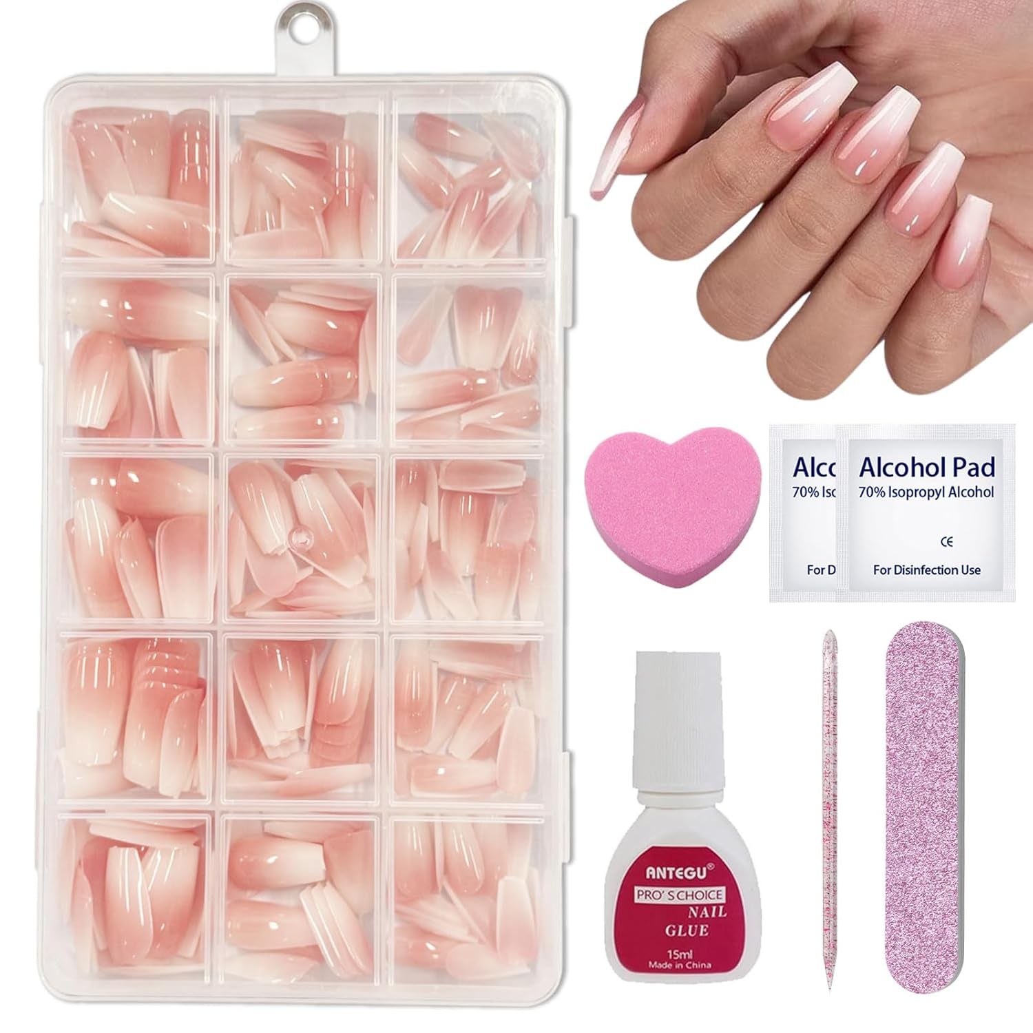 240 stk. Korte falske neglesæt - Korte naturlige kunstige falske negle til lim på - Nude Gradient Kunstige negle til Box Nail Extensions (Nude Gradient)