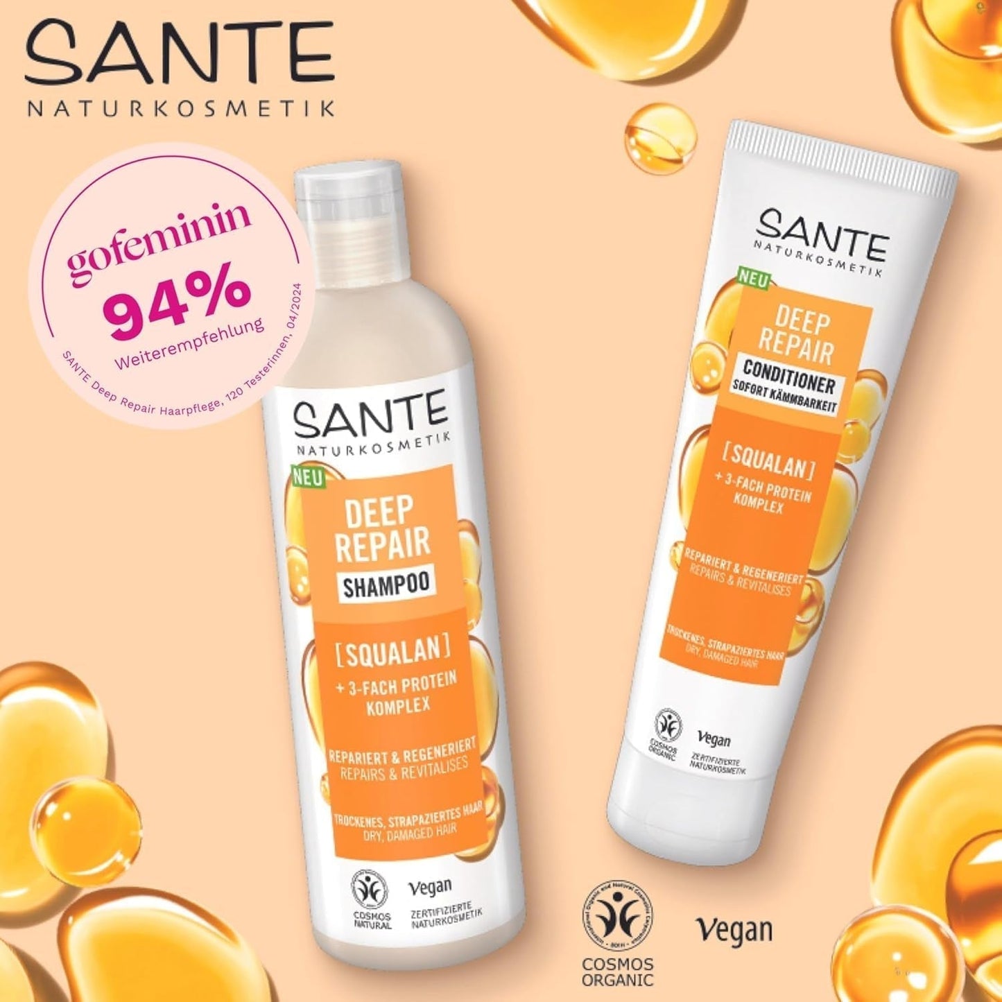 SANTE Natural Cosmetics Deep Repair Mask Squalane + 3x proteinkompleks, vegansk hårmaske til intens hydrering og fleksibelt hår, reparerer og regenererer beskadiget hår, 150 ml Naty Shop Hair Mask