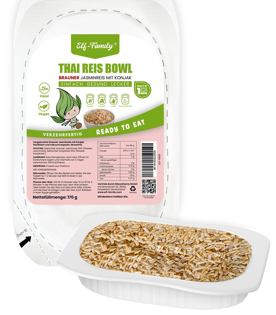 Elf-Family Konjak Reis Thai Brauner Shirataki Bowl -[Diätbox for 1 Wo.] - Instant Jasmin Reis - Fertiggerichte für Mikrowelle - Natürlich Superfoods Mikronährstoffe - Vegansk/Low Carb/Fettfrei- 6er Box