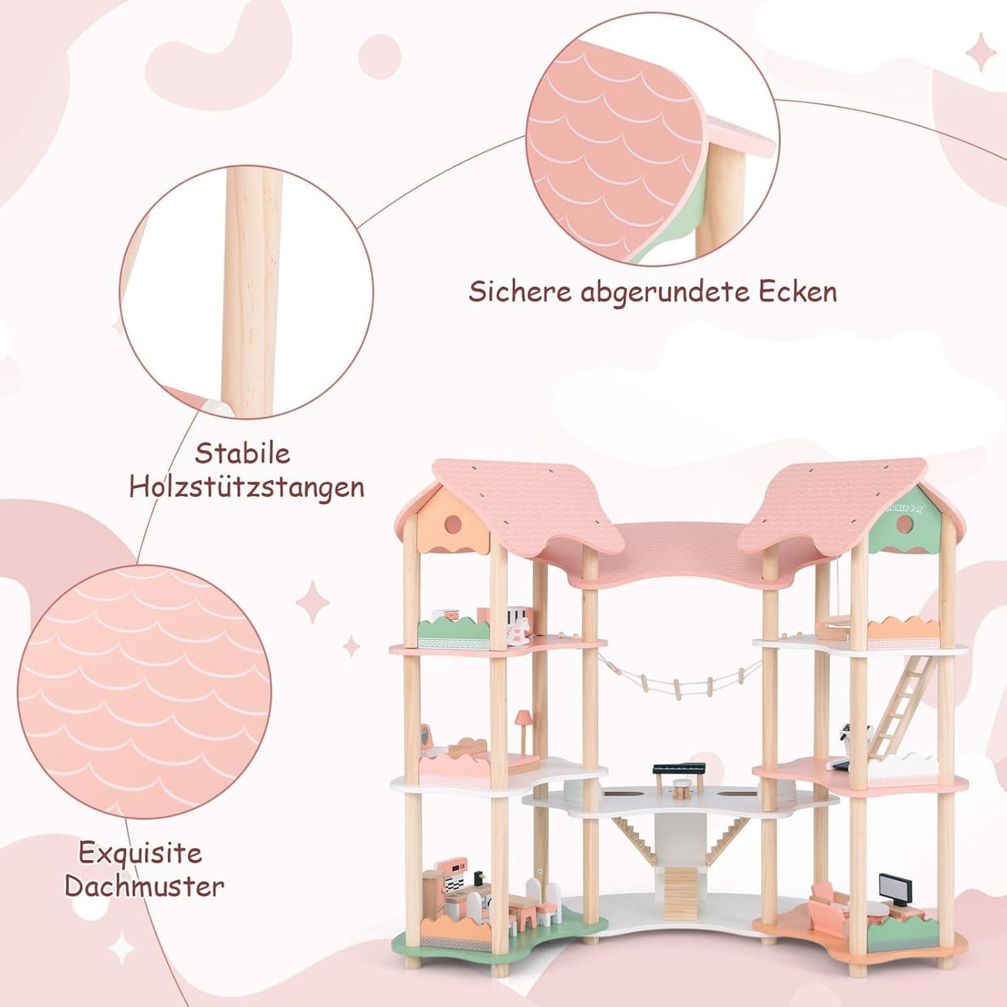 FANTASK trædukkehus, 85 cm højde 7 værelses dukkehus med 32 møbler og tilbehør, dukkehus med rebstige, dukkehusgave til 3-årige piger (model 3) Naty Shop dukkehuse