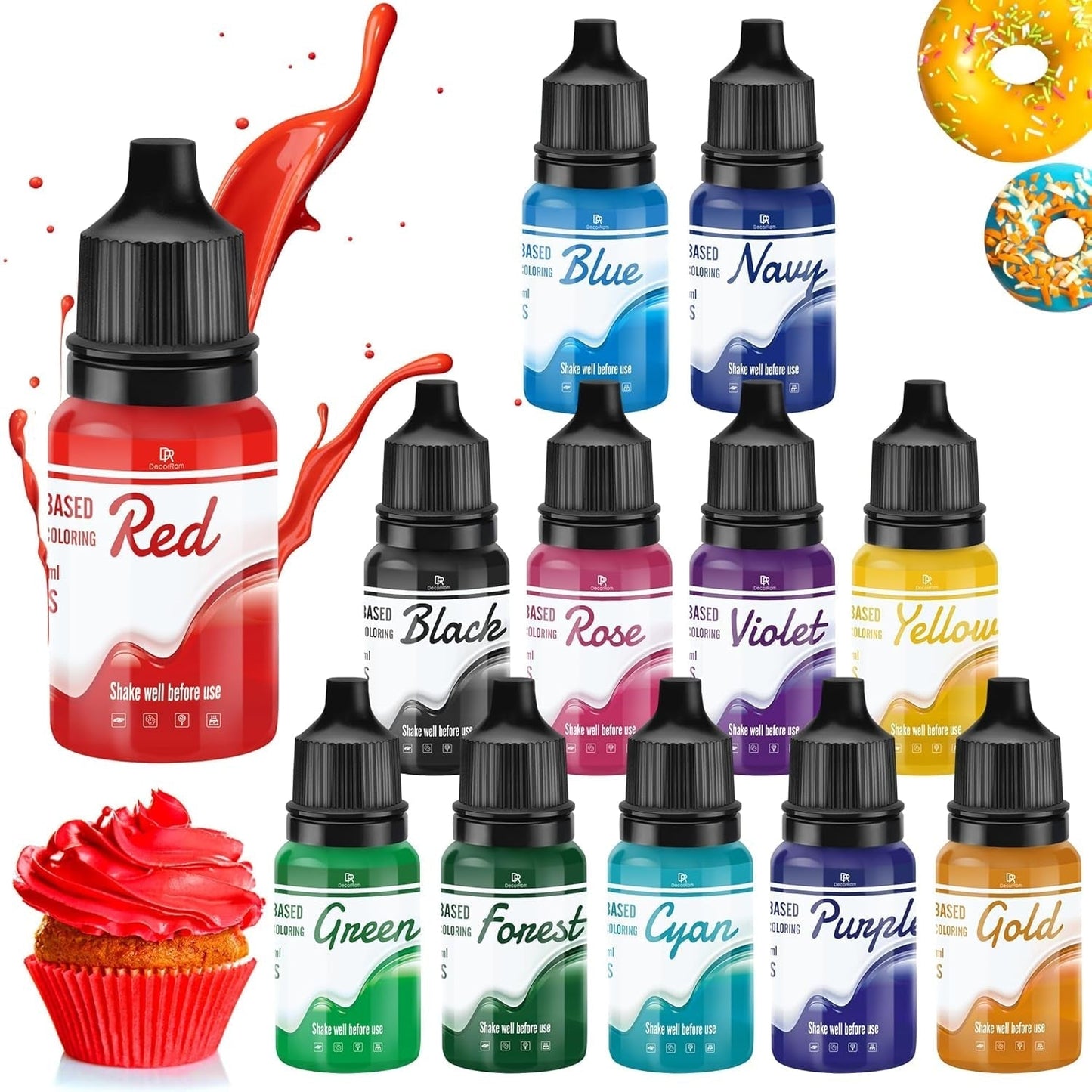 Fedtopløselig chokolade madfarve - 12 farver oliebaseret madfarve til fondant, kagepynt, bagning - flydende madfarve til kakaosmør, smørcreme, kager - 10 ml hver