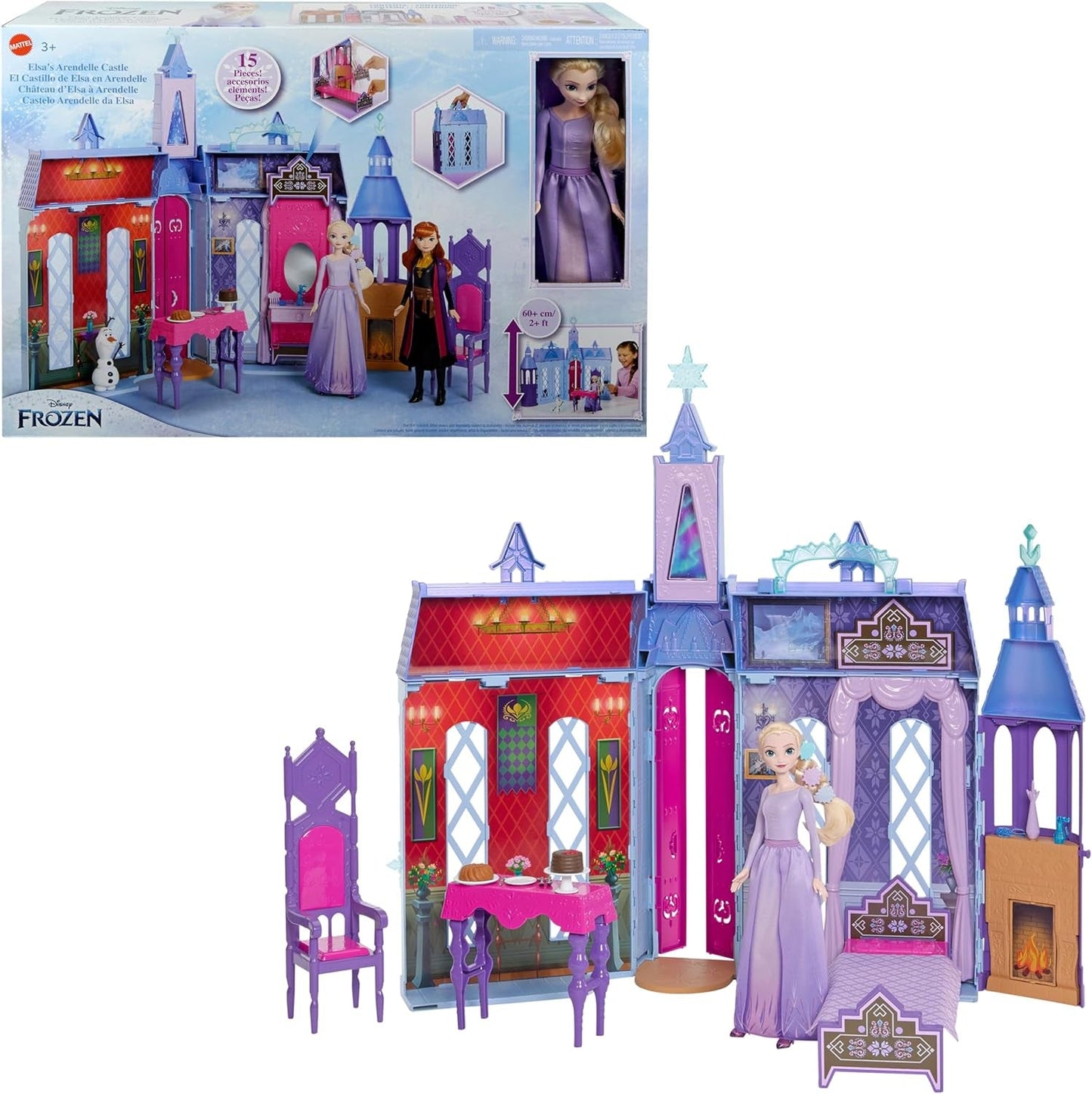 Mattel Disney Frozen - Castle Arendelle Dukkehus (60 cm+) med Elsa Doll, 4 legepladser og 15 stykker Disney Frozen II møbler og tilbehør, HLW61