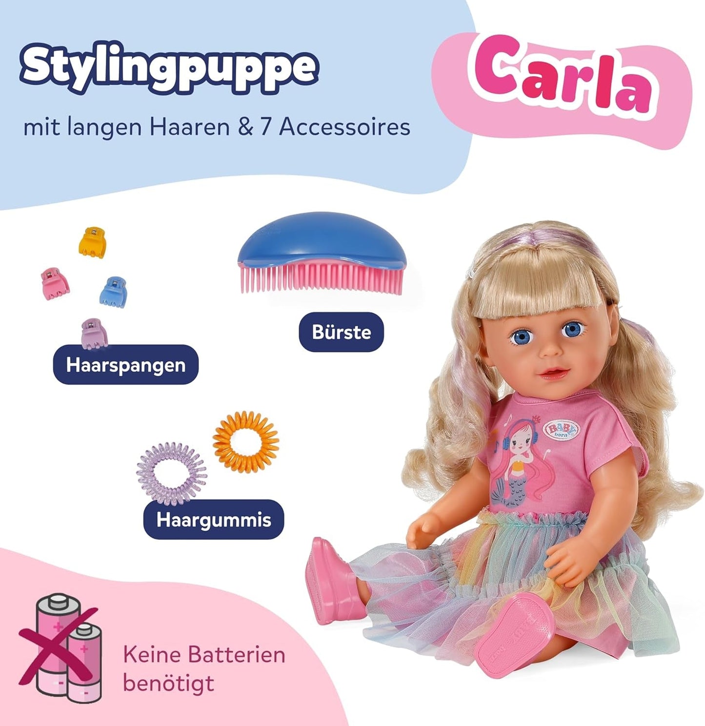 BABY born Carla - 43 cm dukke - blondt hår af høj kvalitet med tråde - ingen batterier påkrævet - egnet til børn fra 4 år og opefter - inkluderer 7 tilbehør, pink