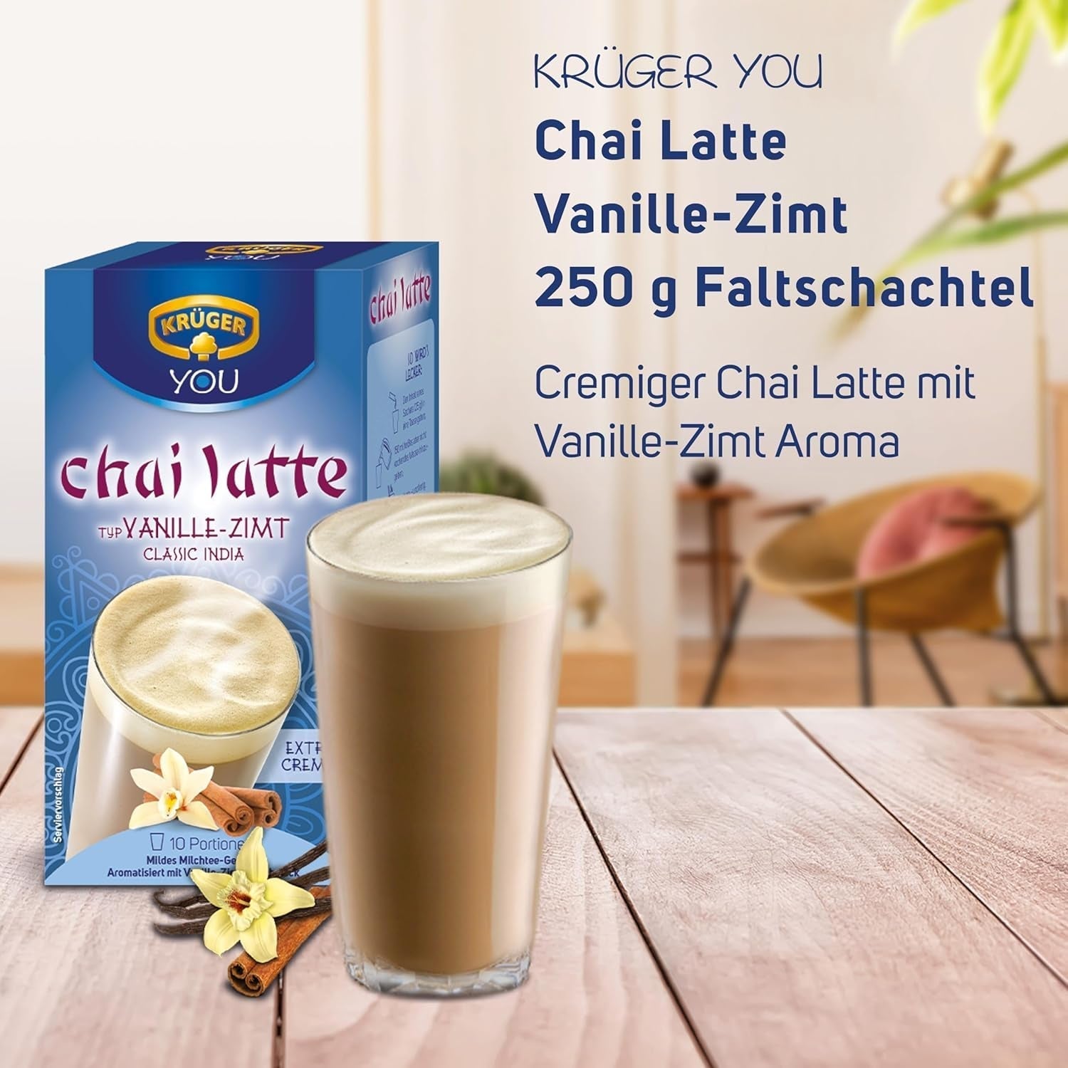 KRÜGER YOU Chai Latte Vaniljekanel, øjeblikkelig tilberedning til mælkedrikke, smagt til med vanilje og kanel, 250 g (10 poser á 25 g)