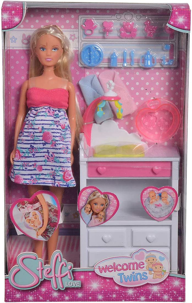 Simba 105733333 - Steffi Love Velkommen Tvillinger, Gravid dukke, Med tvillinger, Med puslebord og badekar, Tilbehør, Dress up dukke, 29Cm, Til børn fra 3 år og opefter Dukker Naty Shop