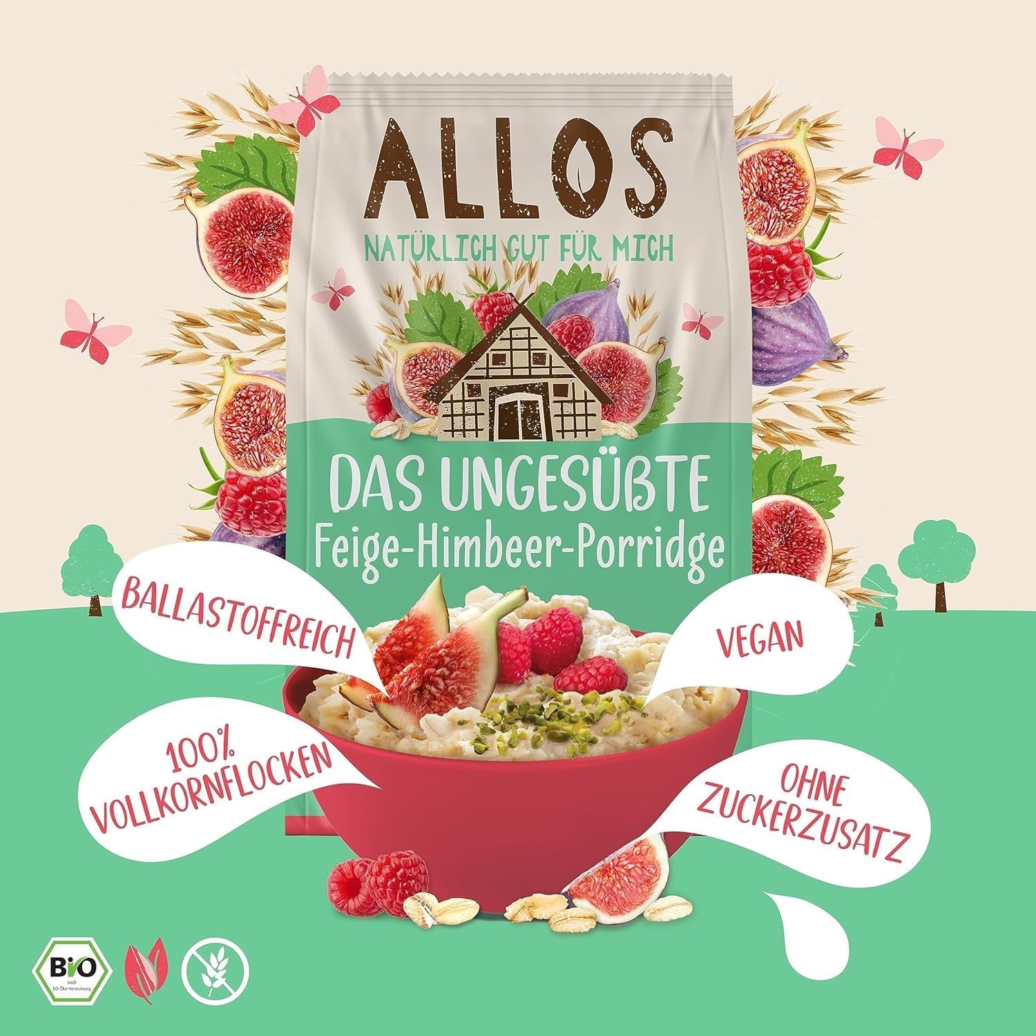 Usødet figen- og hindbærgrød | Grød uden sukker | Økologisk müsli | Müsli med frugt | Havregryn | Grød til morgenmad | Korn til morgenmad | Vegansk | Pakke med 6 (6 x 500 g)