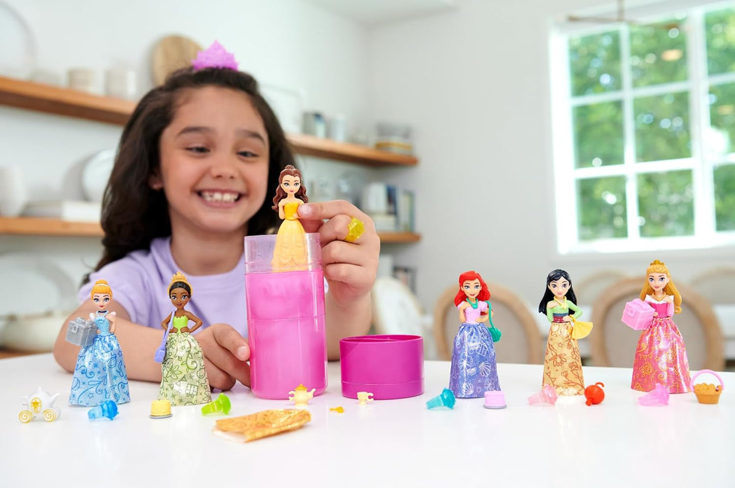 Disney Princess Color Reveal - 6 overraskelsesvandaktiverede dukker, tilbehør, til børn fra 3+, Ariel, Tiana, Mulan, Askepot, Belle, Aurora, HPX39