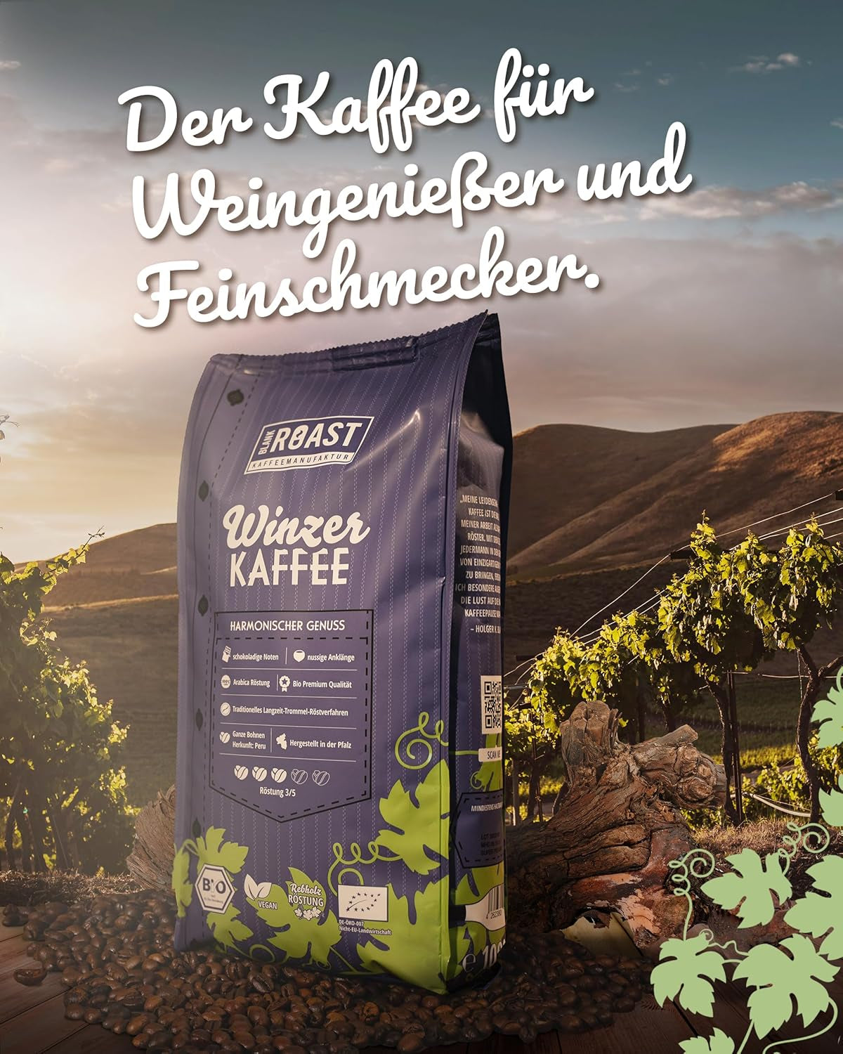 Blank Roast - BIO Winzer Kaffee 1000g - schonend mit Pfälzer Rebholz geröstet - ganze Kaffee-Bohnen aus Peru - 100% Arabica Röstung - schokoladig & nusig - säurearm