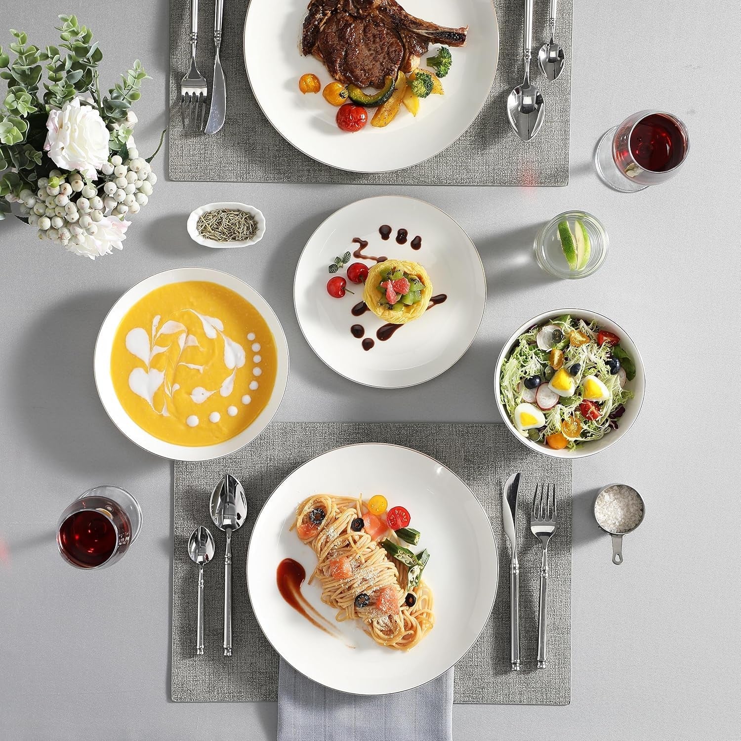 MALACASA 4-personers porcelænssæt Bone China 16-delt porcelænssæt rund hvid med guldkant Kombinationssæt med 4 middagstallerkener 4 desserttallerkener 4 Suma-tallerkener og 4 kornskåle NORI-serien