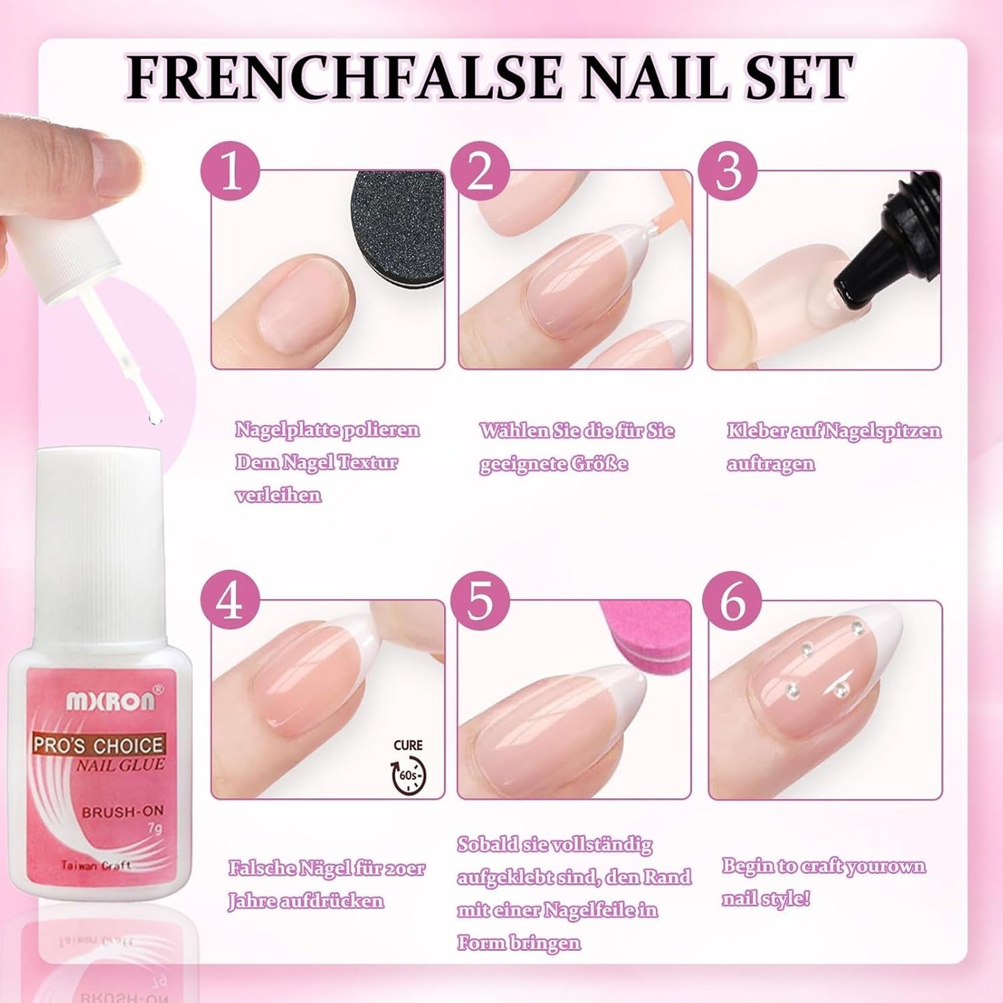 120 stk Nøgne lyserøde falske negle med neglelim - 12 størrelser Kort oval firkantet tryk på negle - smukke negle, lim på kunstige negle - velegnet til kvinders DIY negledesign (Squaval Pink Gradient)