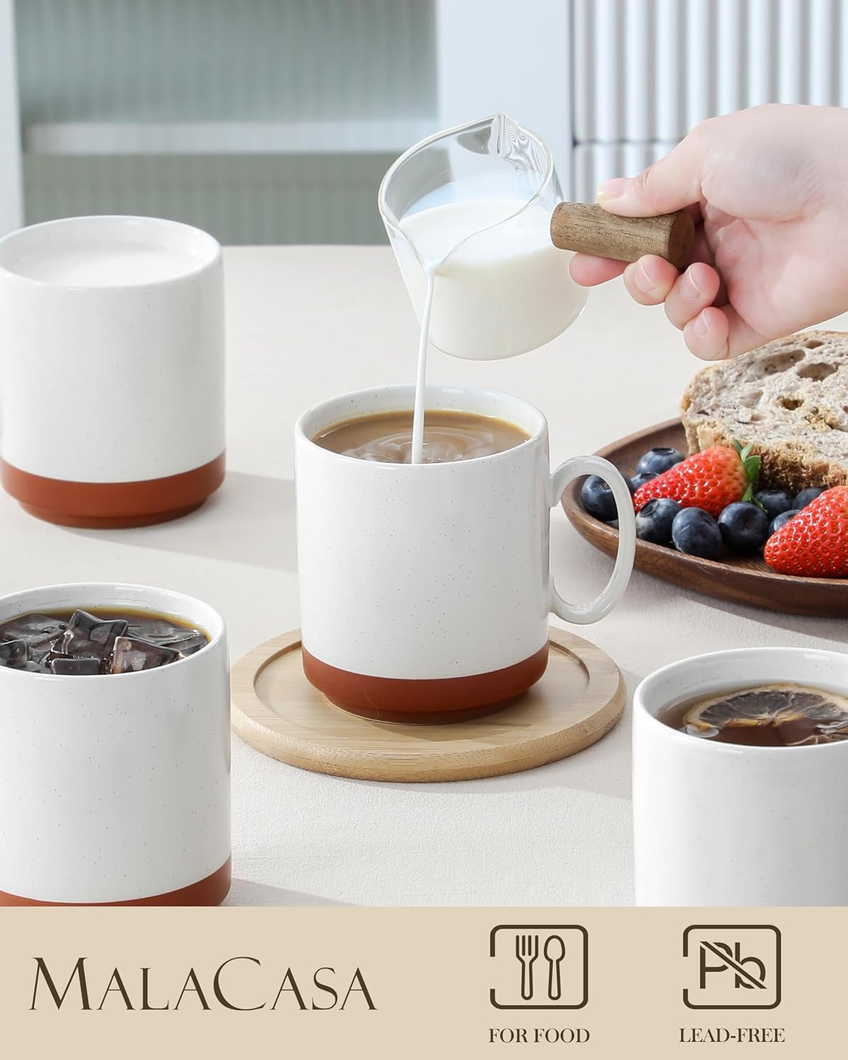 MALACASA kaffekrussæt, 350 ml krussæt i stentøj til 4 personer, moderne kaffekrus til te, juice, latte, cappuccino, varm chokolade. Tåler opvaskemaskine og mikroovn, TARA-serien, khaki hvid