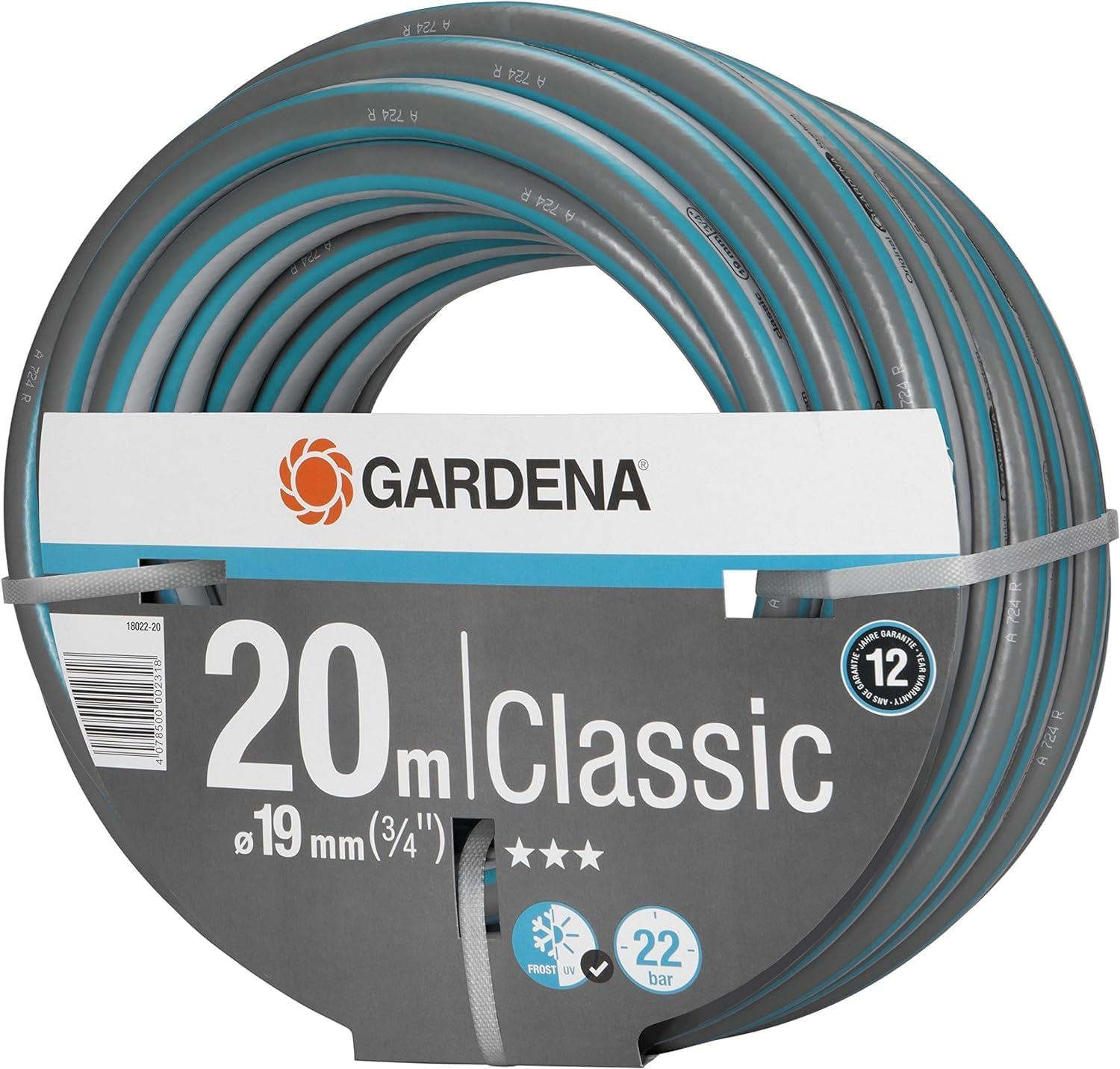 Gardena Classic Slange 19 mm (3/4 tomme), 20 m: Universal haveslange lavet af robust stof, krydsvævet, 22 bar sprængtryk, UV-bestandig, ingen systemkomponenter, 12 års garanti (18022-20)