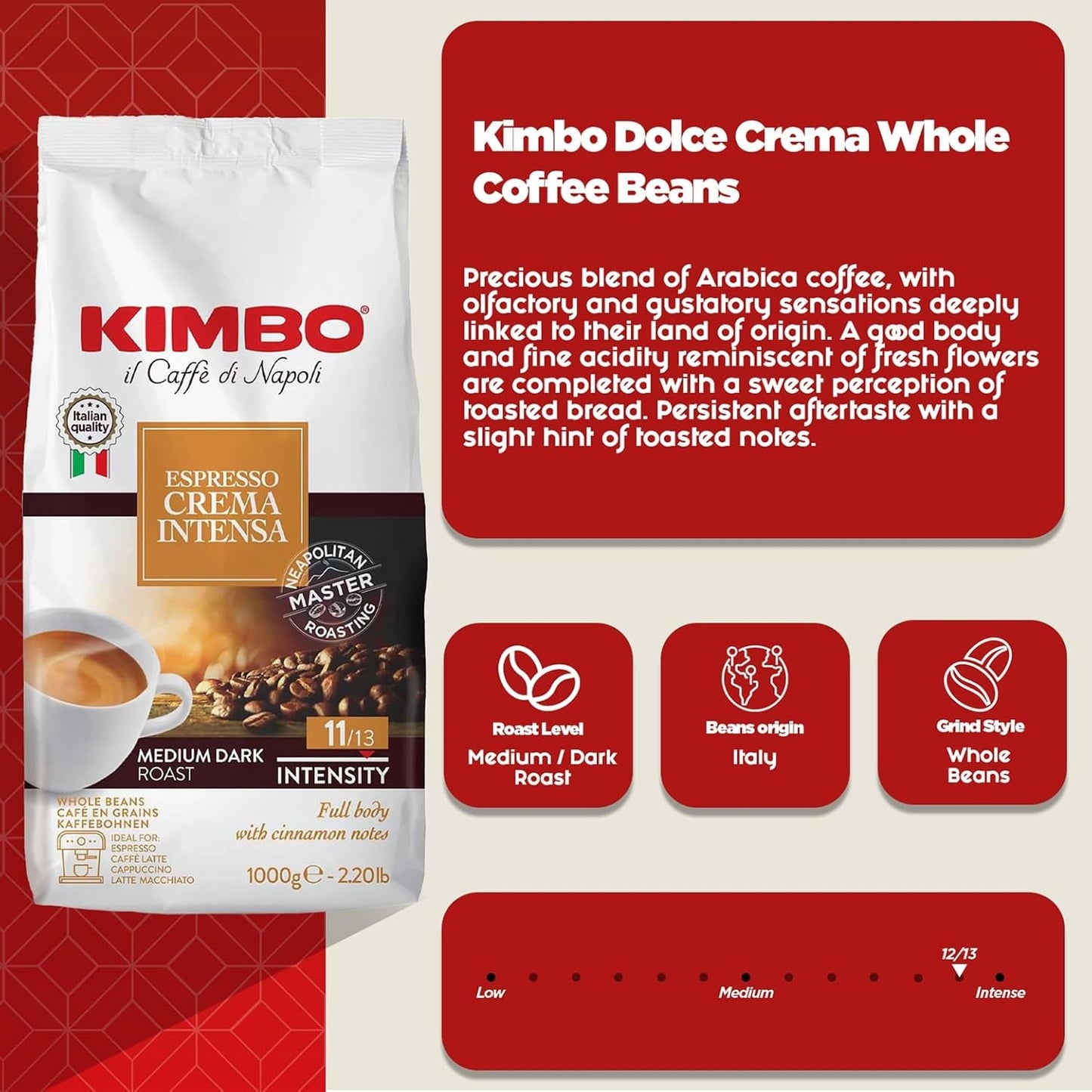 Espresso Crema Intesa, 6 kaffebønner x 1 kg, fyldig og intens blanding, intensitet 11/13, mellemristet, 6 pakker á 1 kg hver