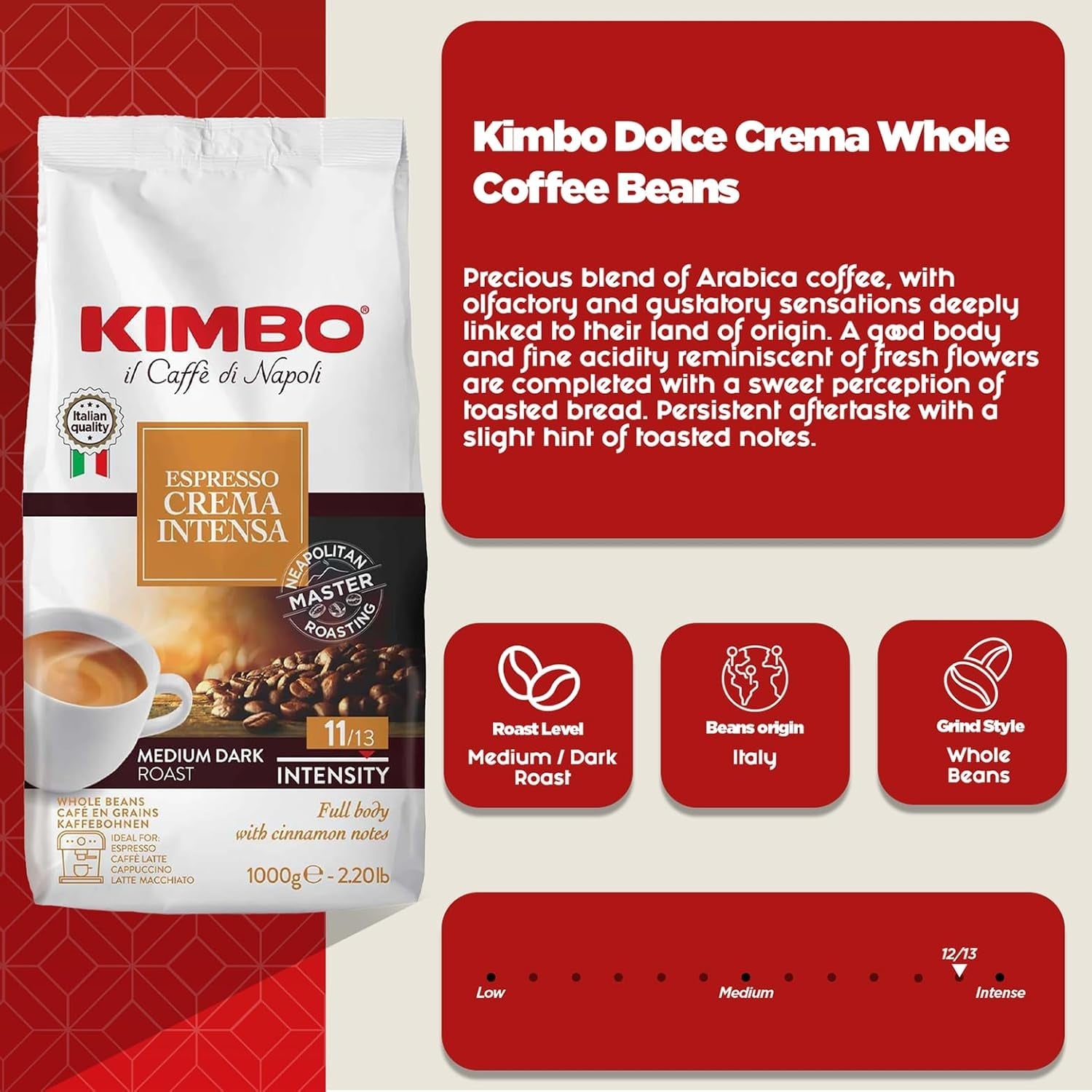 Espresso Crema Intesa, 6 kaffebønner x 1 kg, fyldig og intens blanding, intensitet 11/13, mellemristet, 6 pakker á 1 kg hver